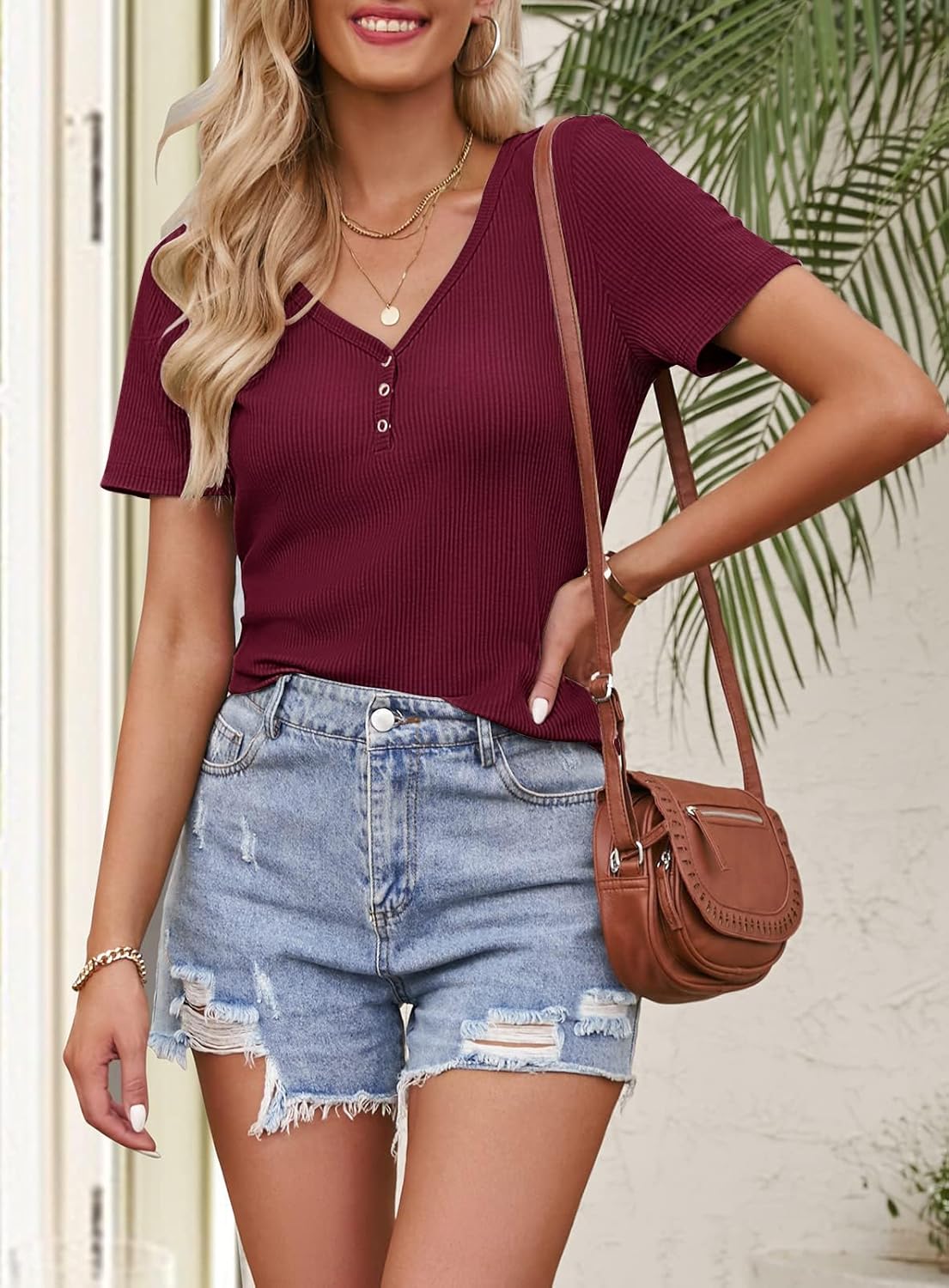 MEROKEETY Women's 2026 Summer Short Sleeve Tops Casual V Neck T Shirts Ribbed Knit Henley Button Basic Blouse - Image 3
