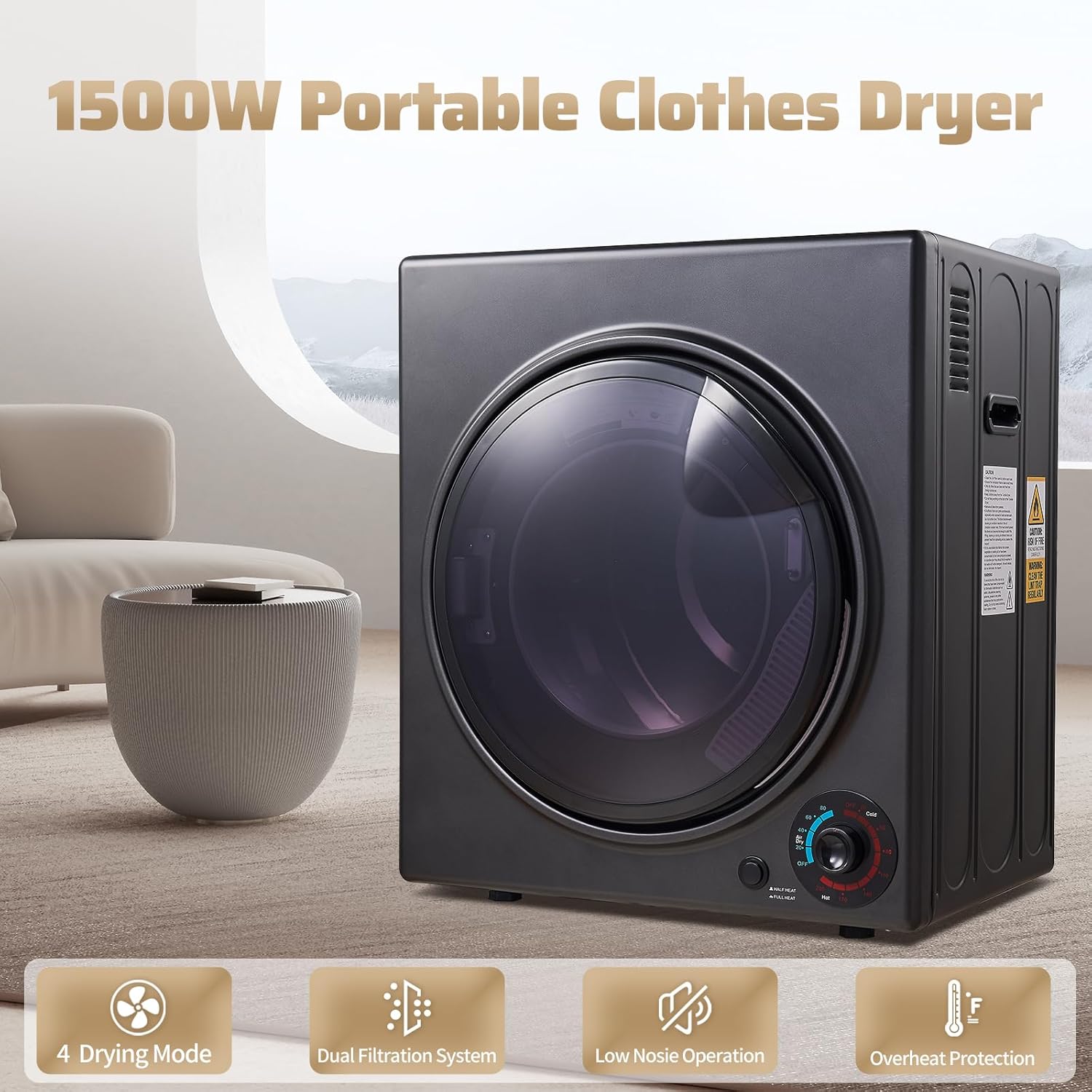 CTT Portable Clothes Dryer 3.5 cu.ft, 1500W Compact Dryer for Apartment, Front Load Laundry Dryer Machine with Stainless Steel Tub & 4 Automatic Drying Mode, RVs, Dorms, Black
