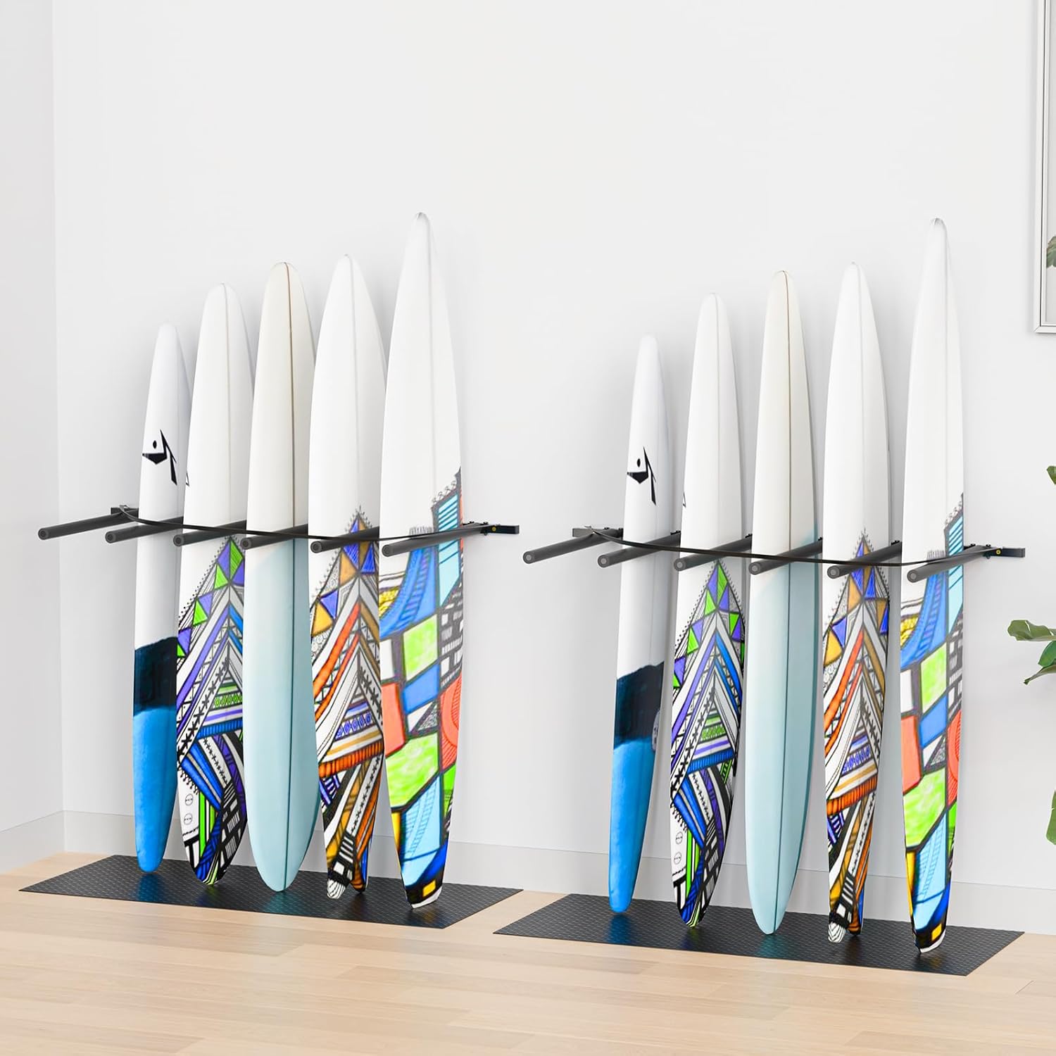 Surfboard Wall Mount Vertical Surfboard Rack for Wall with Elastic Cord and Rubber Mat, 4/6 Arms Outdoor Indoor Garage Storage Rack for Surf Board, Paddle Board SUP, Wakeboard, Snowboard, Skateboard 6 Arms 2Pcs