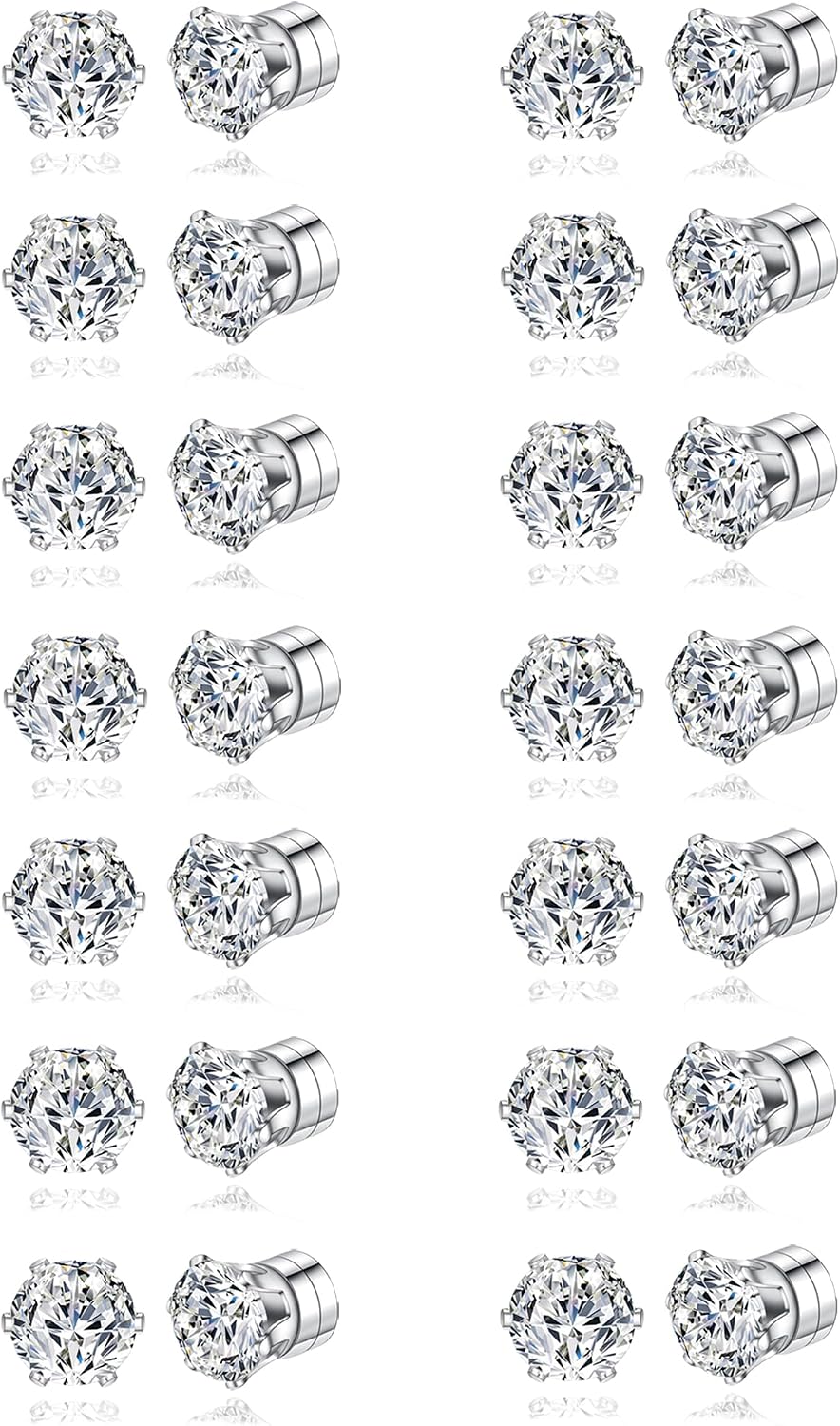 14 Pairs Magnetic Stud Earrings Multicolor Cubic Zirconia Clip on Earrings Set Non-Piercing Fake Earring Jewelry for Women Men 4MM 6MM