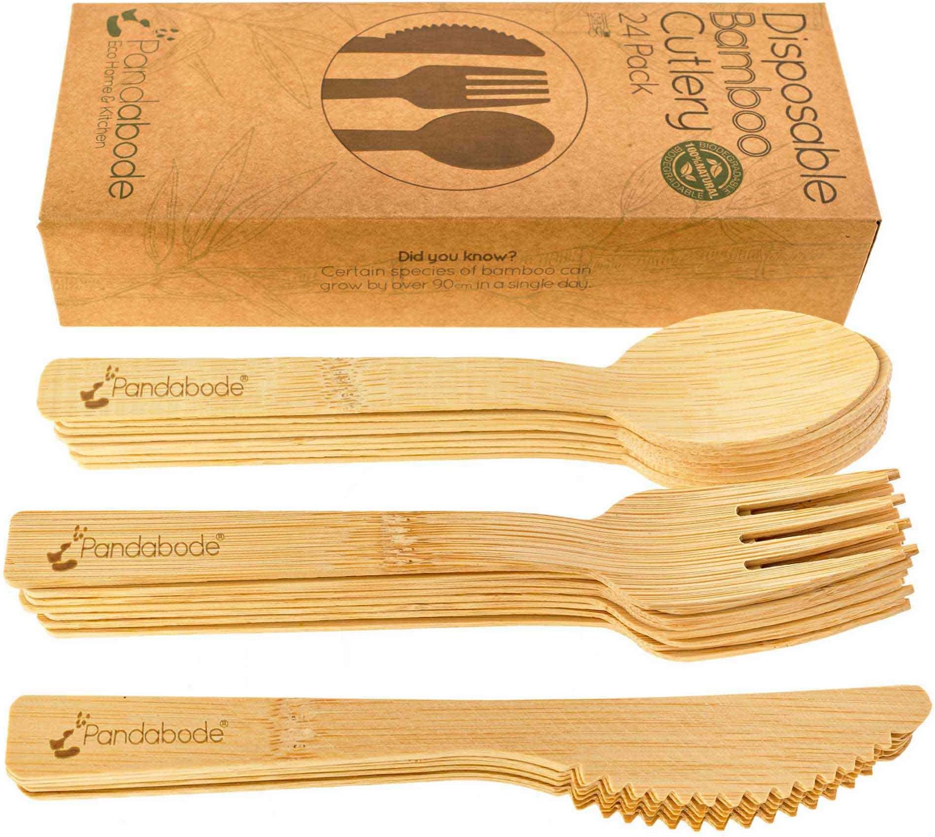 24/120/300 Piece Disposable Bamboo Wooden Cutlery Set by Pandabode™ | Eco Friendly Fun for Party, Camping, Travel and BBQ | Large Strong Biodegradable