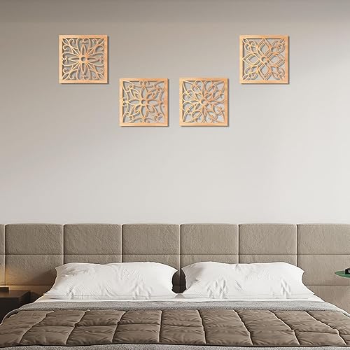 Miniatura 4 de KOYILTD 4 piezas gruesas de decoración de pared rústica, arte de pared tallado con flores, diseño hueco de madera tallada (cuadrado, 10 pulgadas)