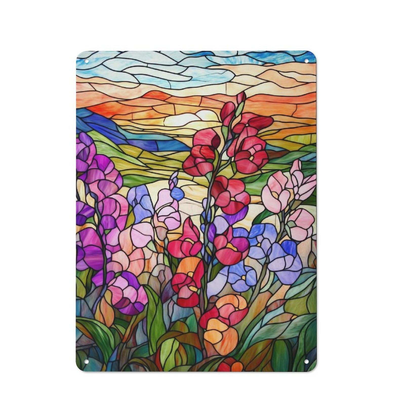 Junmoney Style-24 Stained Glass Sunset Flowers Rustic Metal Plaque 40X30cm For Living Room Or Hallway, For Garage, Workshop And Man Cave Decoration