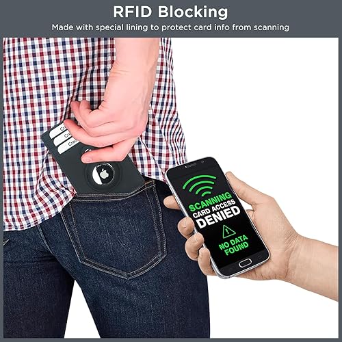 Miniatura 5 de Cartera de cuero de grano completo para hombres, clip magnético para dinero con soporte AirTag, bolsillo frontal con bloqueo RFID, Negro -, Cartera