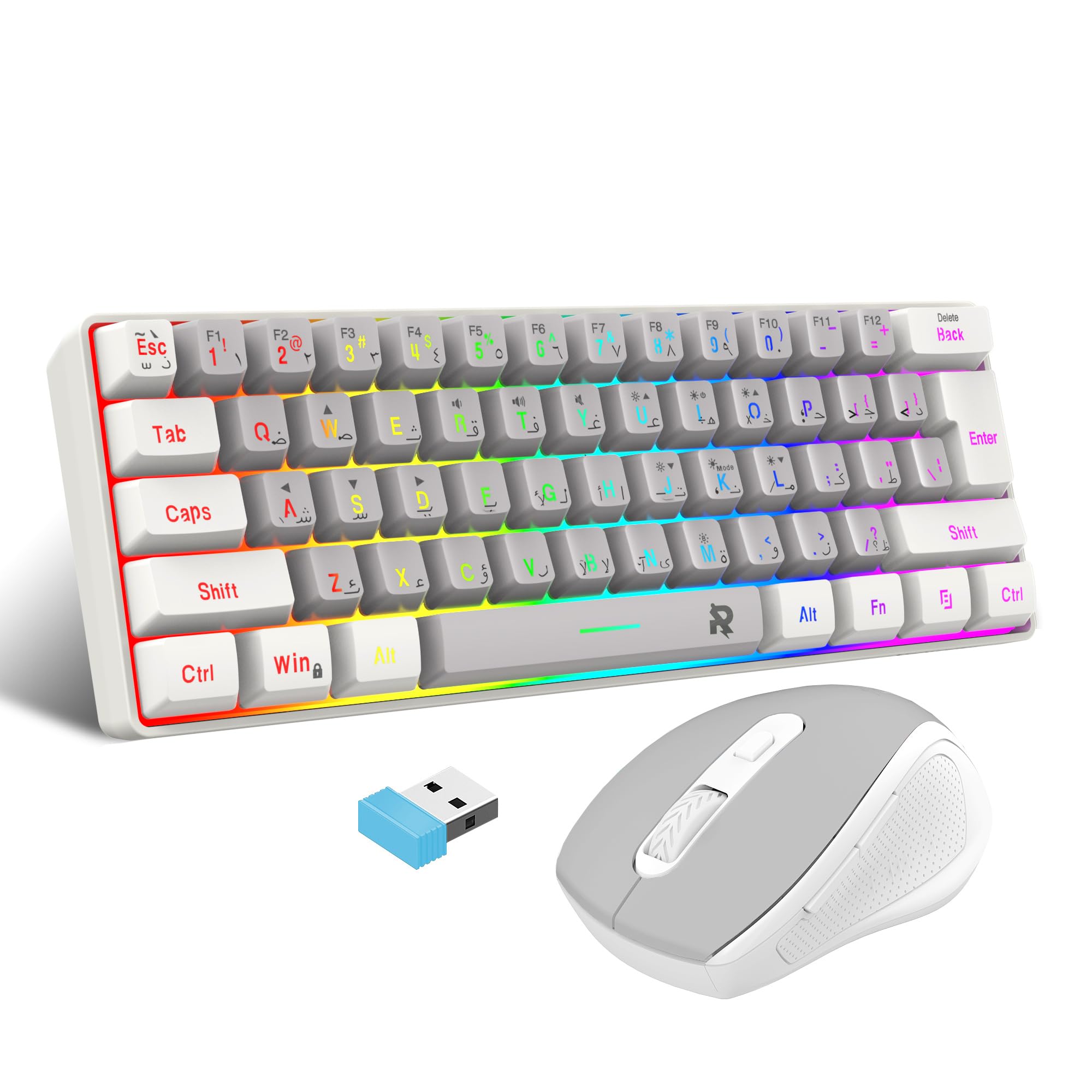 ROCK POW Arabic English 2.4G Wireless Gaming Keyboard and Mouse Combo, Include Small 60% Merchanical Feel Keyboard, Ergonomic Design Mini Wireless Mouse Combo Wireless