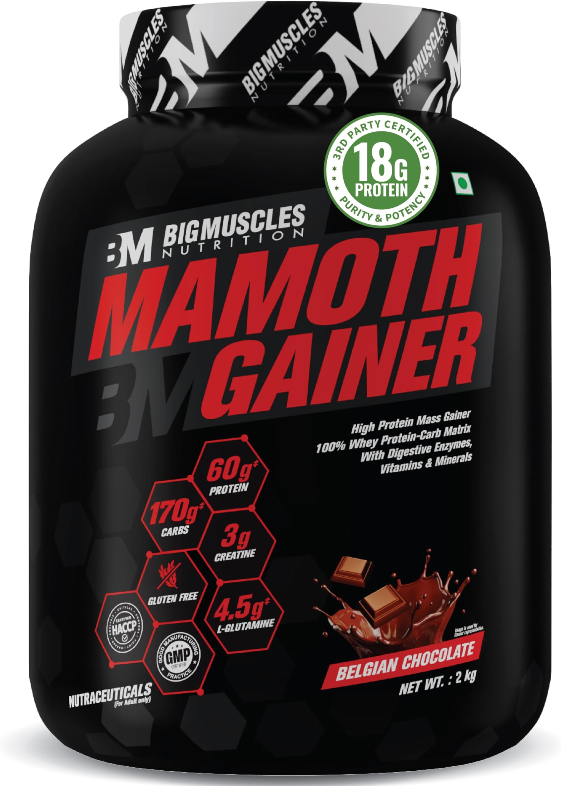 Bigmuscles Nutrition Mamoth Gainer [Belgian Chocolate, 2Kg] | High Protein Muscle Mass & Weight Gainer | With Vitamins & Minerals, Creatine & Digestive Enzymes - Powder