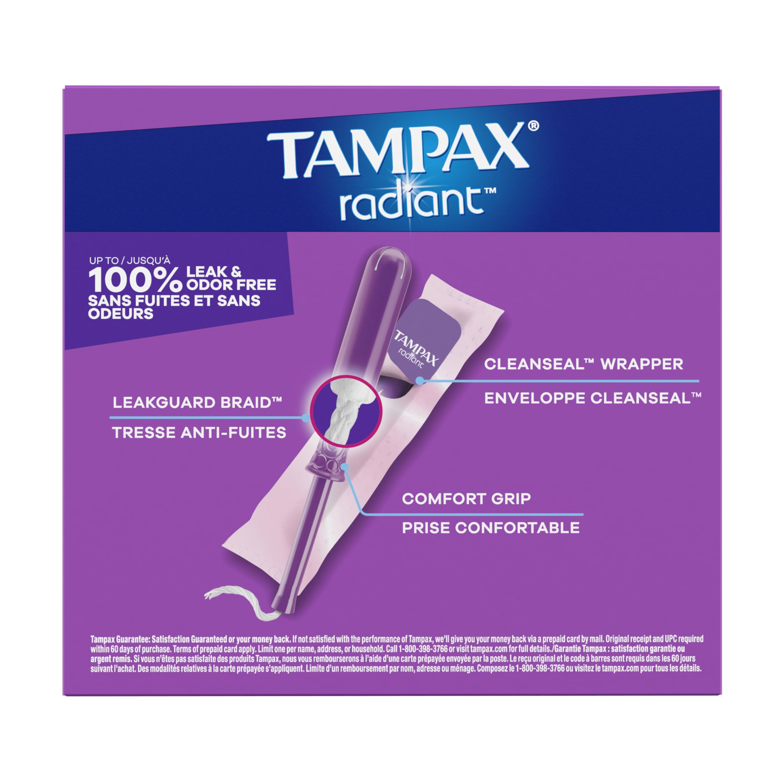 Tampax Radiant Tampons Light Absorbency with BPA-Free Plastic Applicator and LeakGuard Braid, Unscented, 28 Count