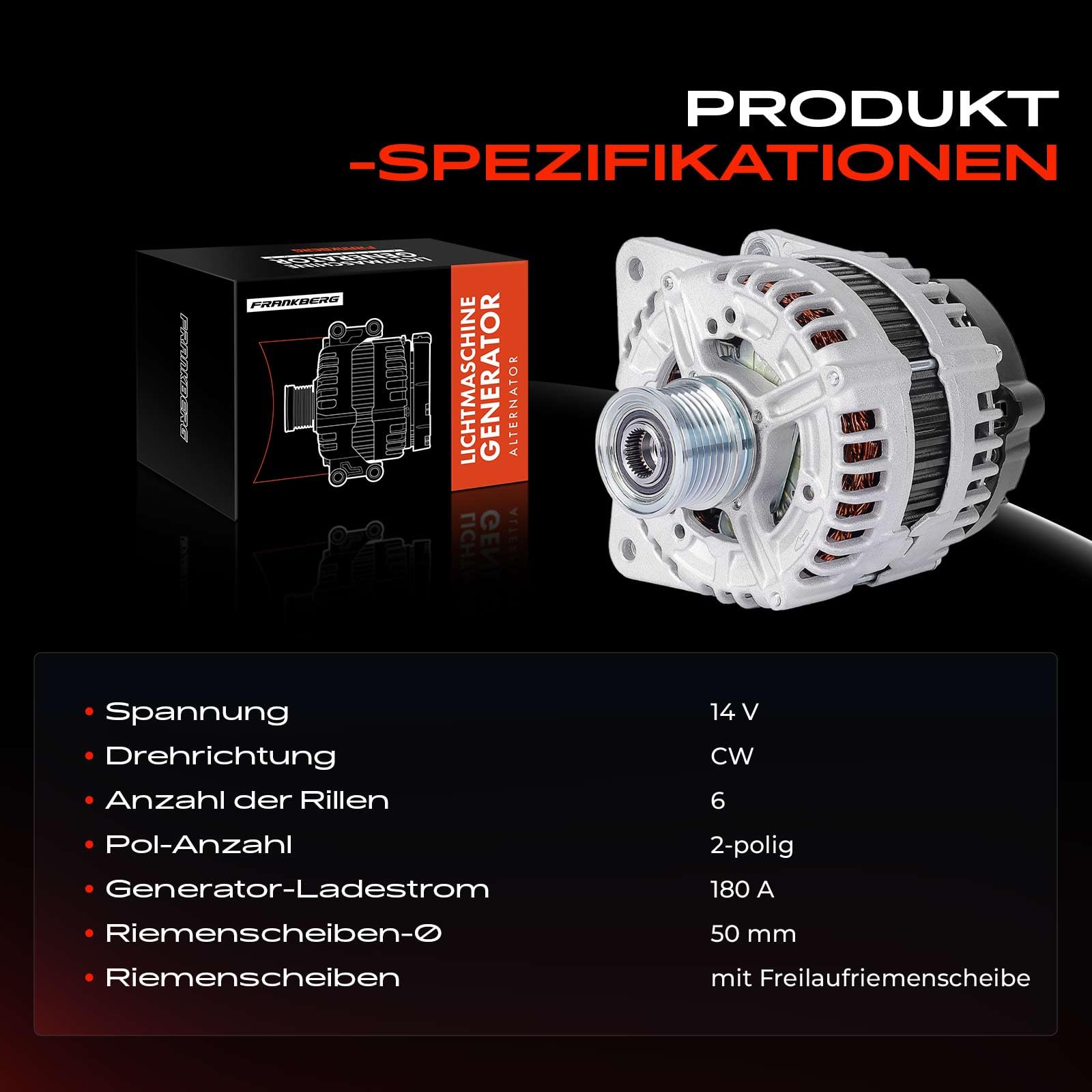 Frankberg Lichtmaschine Generator 180A Kompatibel mit A4 8W2 8WC 2.0L 2015-2021 Golf VII 5G1 BE1 BE2 BQ1 1.6L-2.0L 2012-2021 Pas.sat 3G2 CB2 1.6L-2.0L 2014-2021 Replace# 03G903016LX