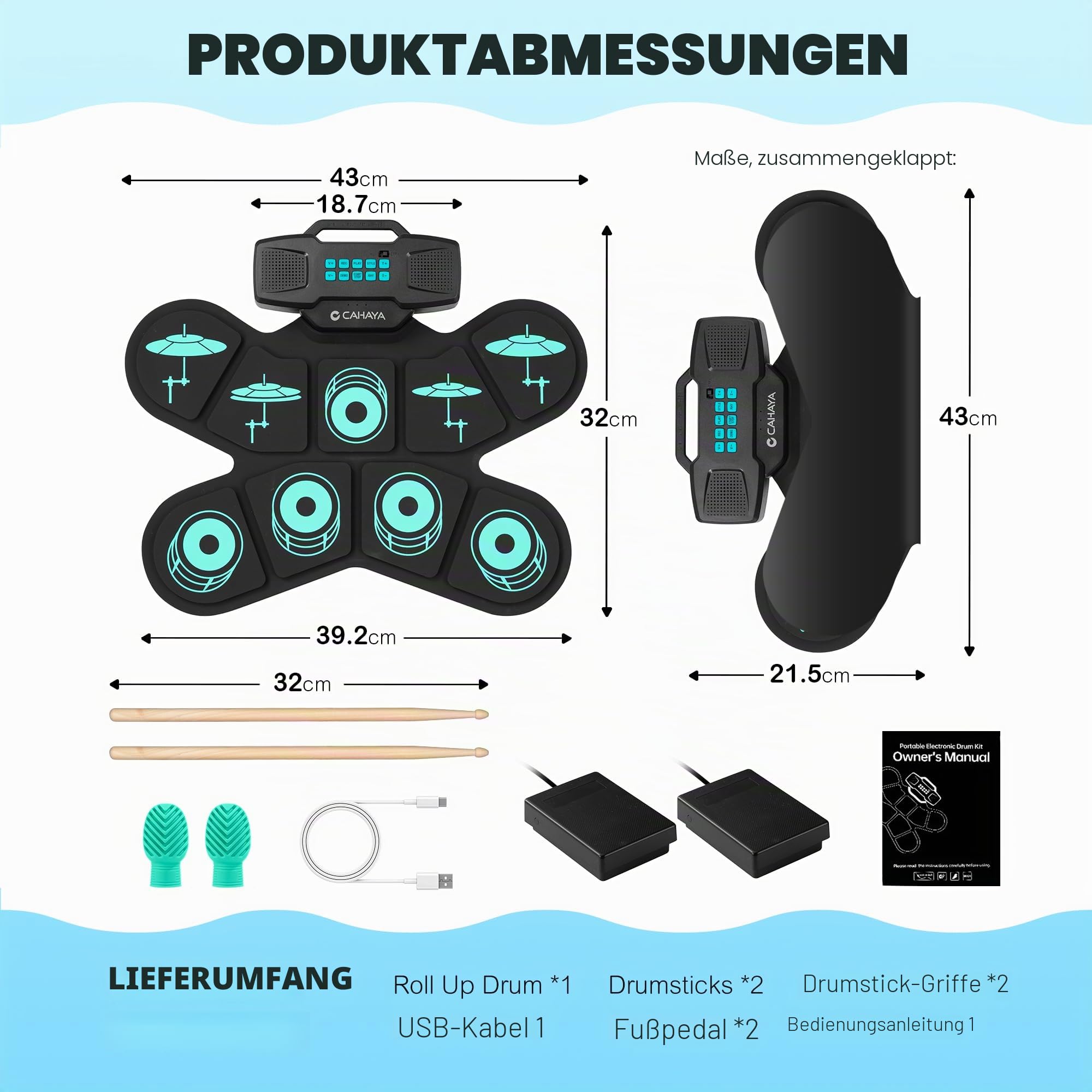 CAHAYA Elektronisches Schlagzeug für Kinder mit MIDI & Handgriff: Aufrollbar E-Drum-Set 9-Pads für Kinder Mit 2 Pedal, Stereo-Lautsprecher, Kopfhörerausgang, 10h Akkulaufzeit - CY00387-1