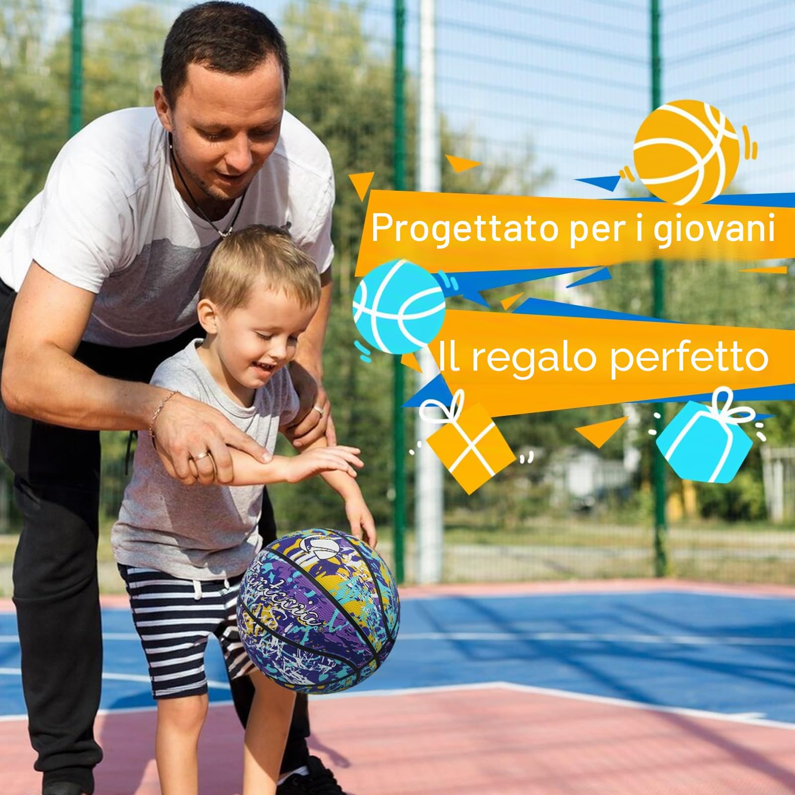 Pallone da basket, misura 5, con pompa, per allenamento di strada, per principianti, adolescenti e adulti (Gomma/Graffiti)
