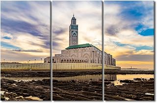 3 Pieces Canvas Wall Art Hassan II Mosque Wall Paintings for Living Room Casablanca Morocco Pictures for Bedroom Prints Artwork Home Decor Framed Gallery-Wrapped Ready to Hang (42" Wx28''H)