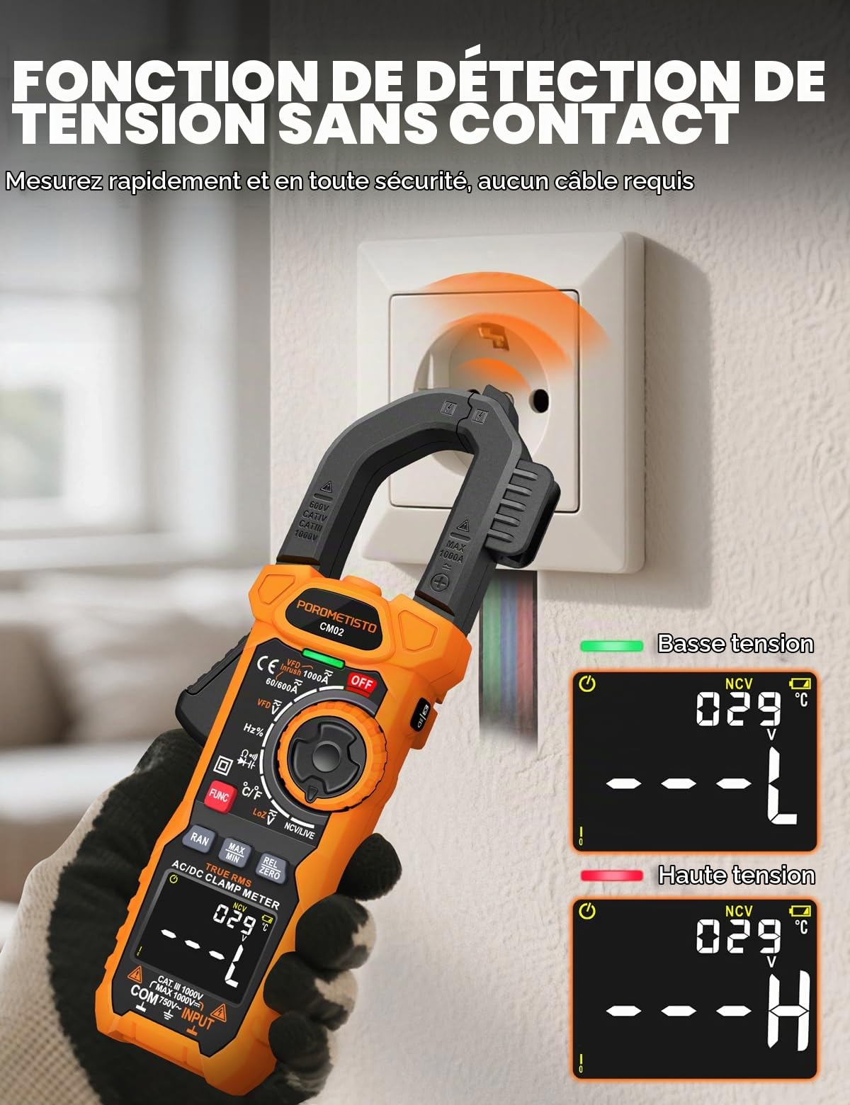 TRMS 6000 COUNTS Pince Ampèremétrique,POROMETISTO 1000A AC/DC CM02 | 1000V DC/750V AC,Mode VFD/LOZ,Multimetre Mesure AC/DC,Courant Tension,NCV,Fréquence,Température,Capacitance
