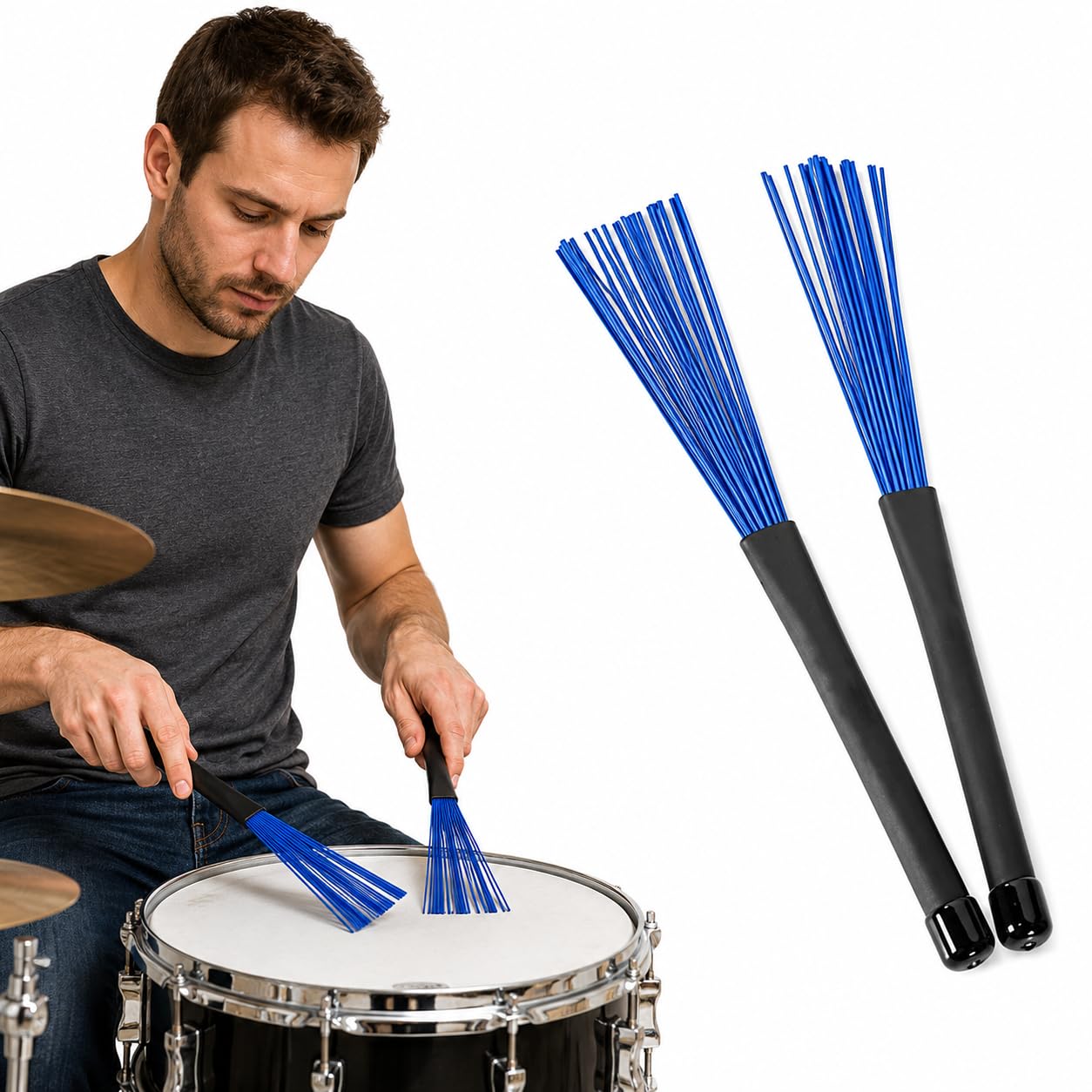rosenice Cepillos retráctiles de nailon para percusión de jazz y rock con asas telescópicas, par de baquetas azules para tocar cómodamente y fácil almacenamiento