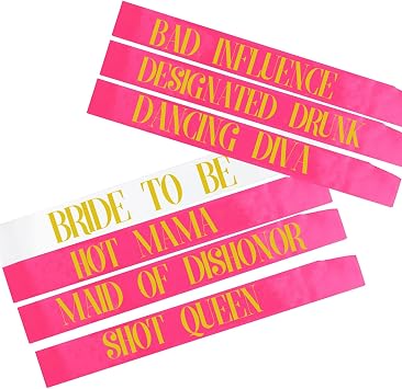 Bachelorette Sash Set 7 pcs - Bride to Be Sash Bachelorette Party Decorations - Bride and Bridesmaid Sashes for Bachelorette Party Decorations Pink, Gold Letters. Ideal Bridal Shower Supplies