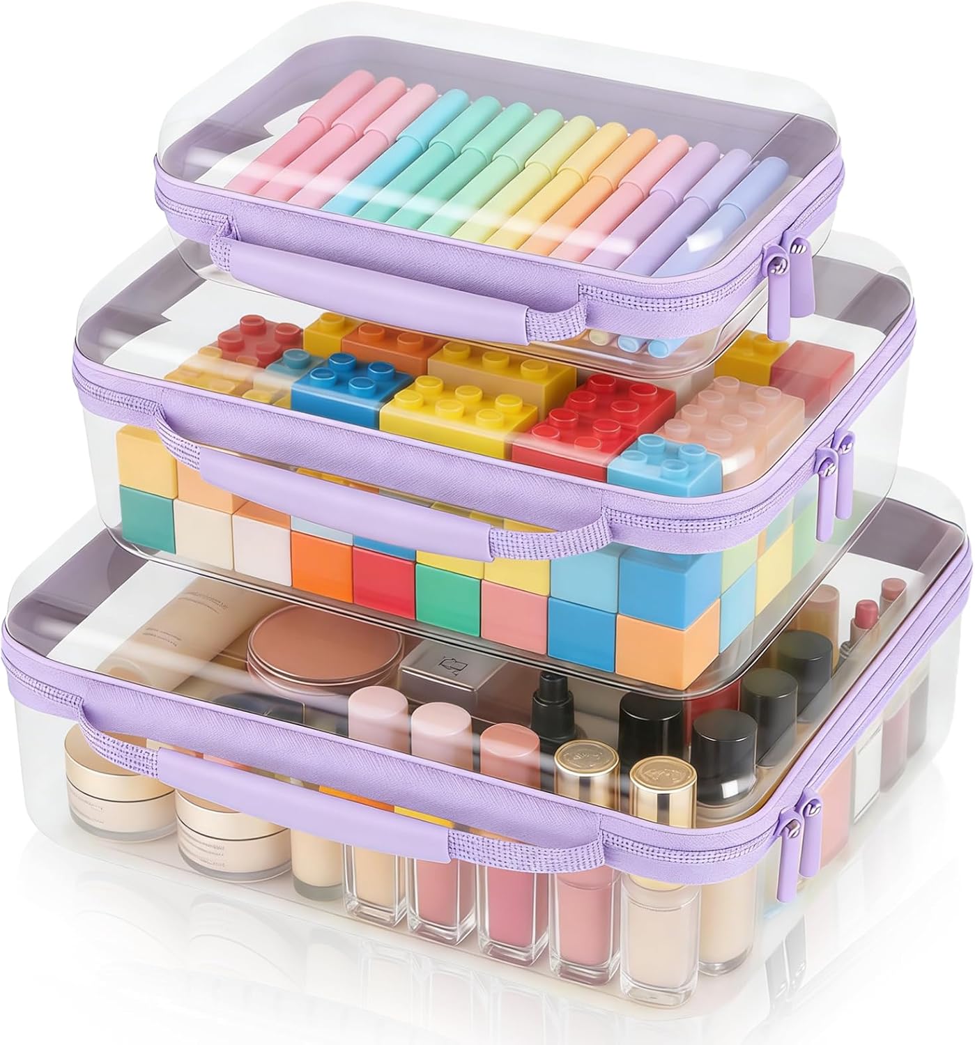3 Pack Clear Hard Shell Zipper Case with Handle Waterproof PET Hard Plastic Storage Pouches for Toiletry Makeup Cosmetic Toys Art Supplies Case Bag Organizer Travel Essentials