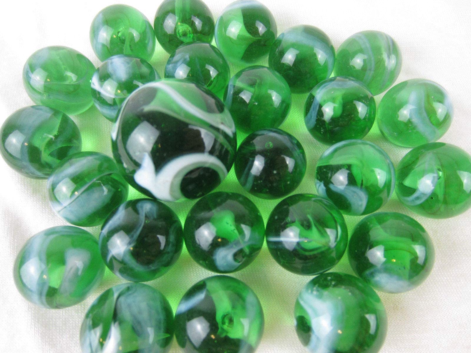 Big Game Toys~25 Glass Marbles Enchanted Forest Translucent Green/White Swirl Classic Style Game Pack (24 Player, 1 Shooter) Home Decor/Vase Filler/Aquarium