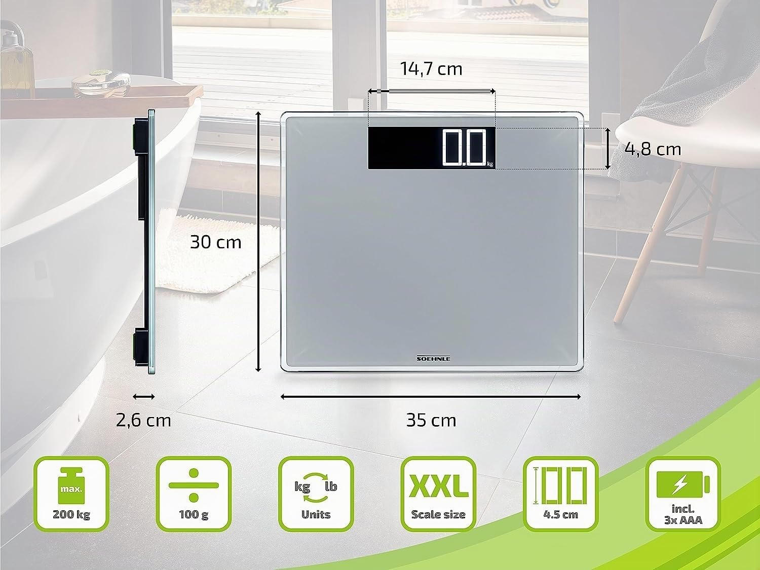 Soehnle Style Sense Comfort 600 Personen Digitalwaage mit Tragkraft bis 200 kg, Waage mit extragroßem LCD-Display, Personenwaage für sicheren Stand