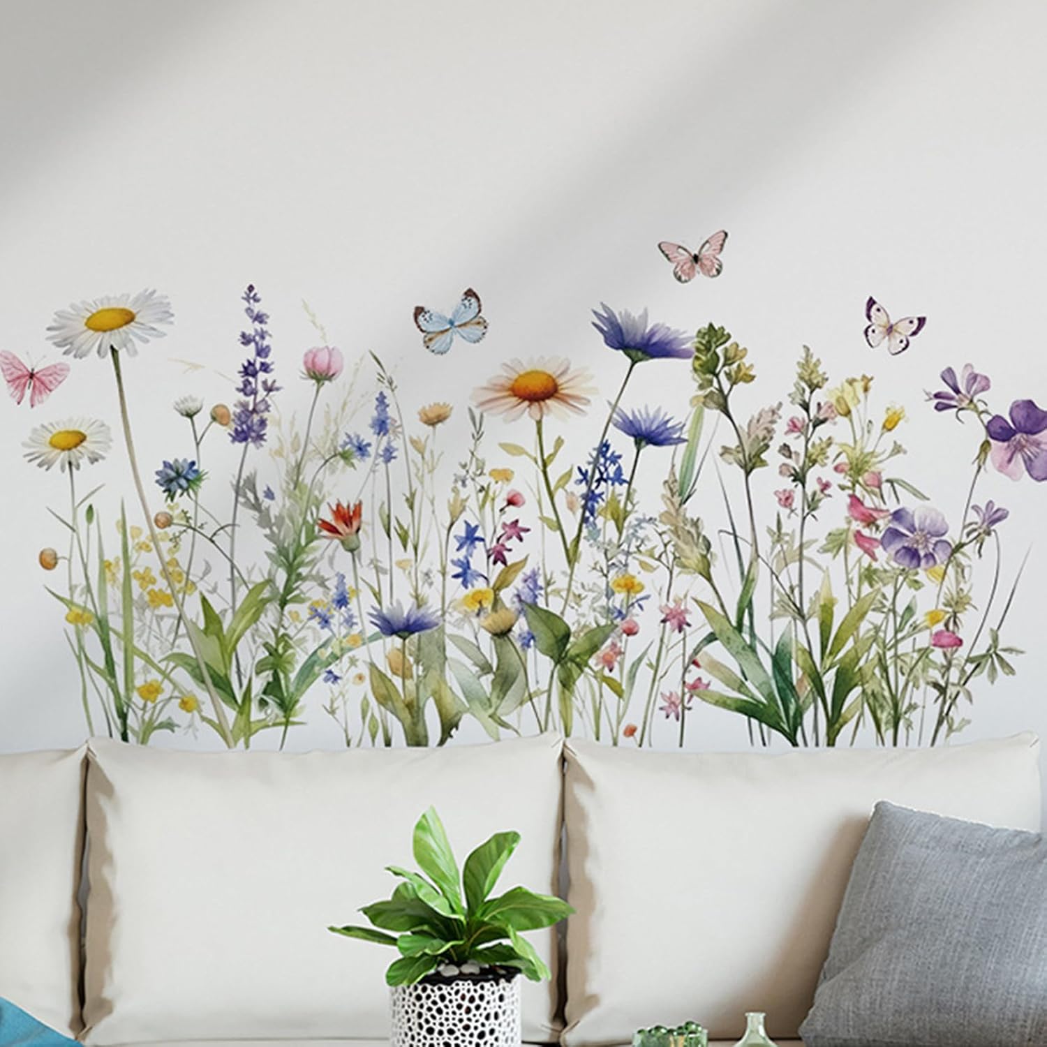 Wildflower Grass Daisy Wall Decals, Garden Floral Butterflies Flower Wall Stickers, BWCXXZH Self-Adhesive Wall Art Stickers for Girls Bedroom Living Room Nursery Decor