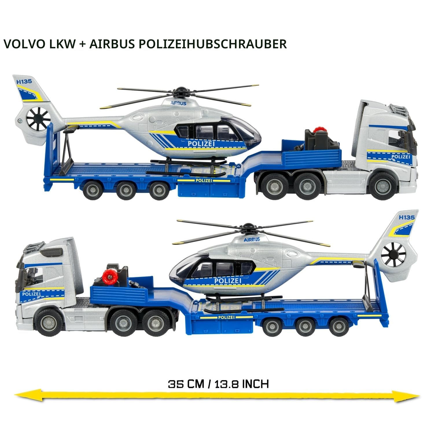 Majorette Auto-Set Volvo FH-16 Police Truck mit Airbus Helikopter (35 cm) - großer LKW mit Anhänger, Hubschrauber & vielen Funktionen, Polizei-Spielzeug für Kinder ab 3 Jahre