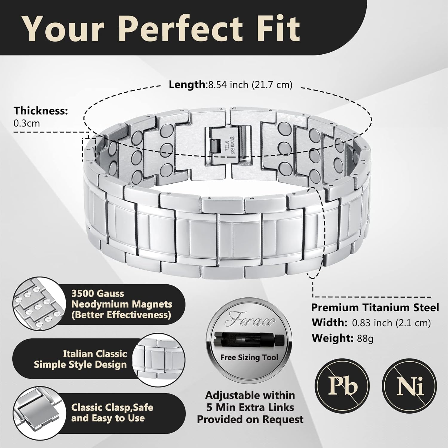 Feraco 3X Magnetic Bracelets for Men Titanium Steel Magnetic Bracelet with 3 Rows Magnets (Gunmetal) - Image 2