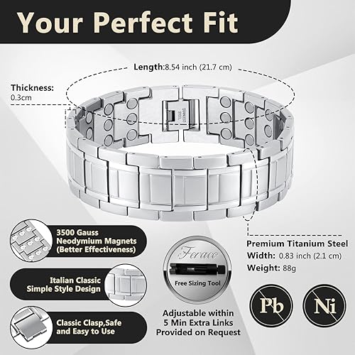 Miniatura 2 de Feraco Pulseras magnéticas para hombres, pulseras de acero de titanio con 3 imanes de neodimio ultra intensos, regalo de salud ajustable con