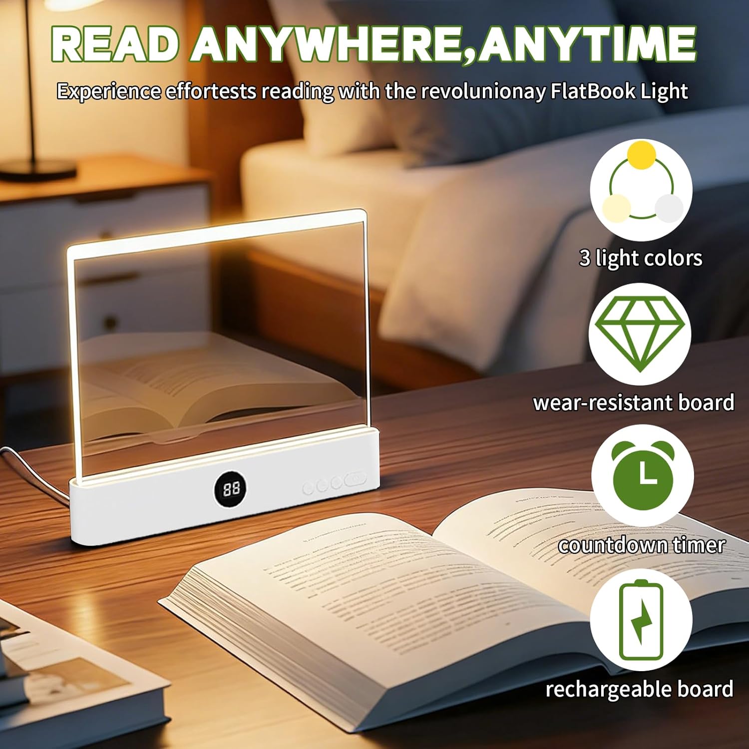 Book Light, Rechargeable Clear LED Flat Book Lights with 3 Colors & Timer, USB Rechargeable Reading Light, Dimmable Panel Plate Lamp Book Full Page Light, Funny Gifts for Readers Kids Women Men(White)