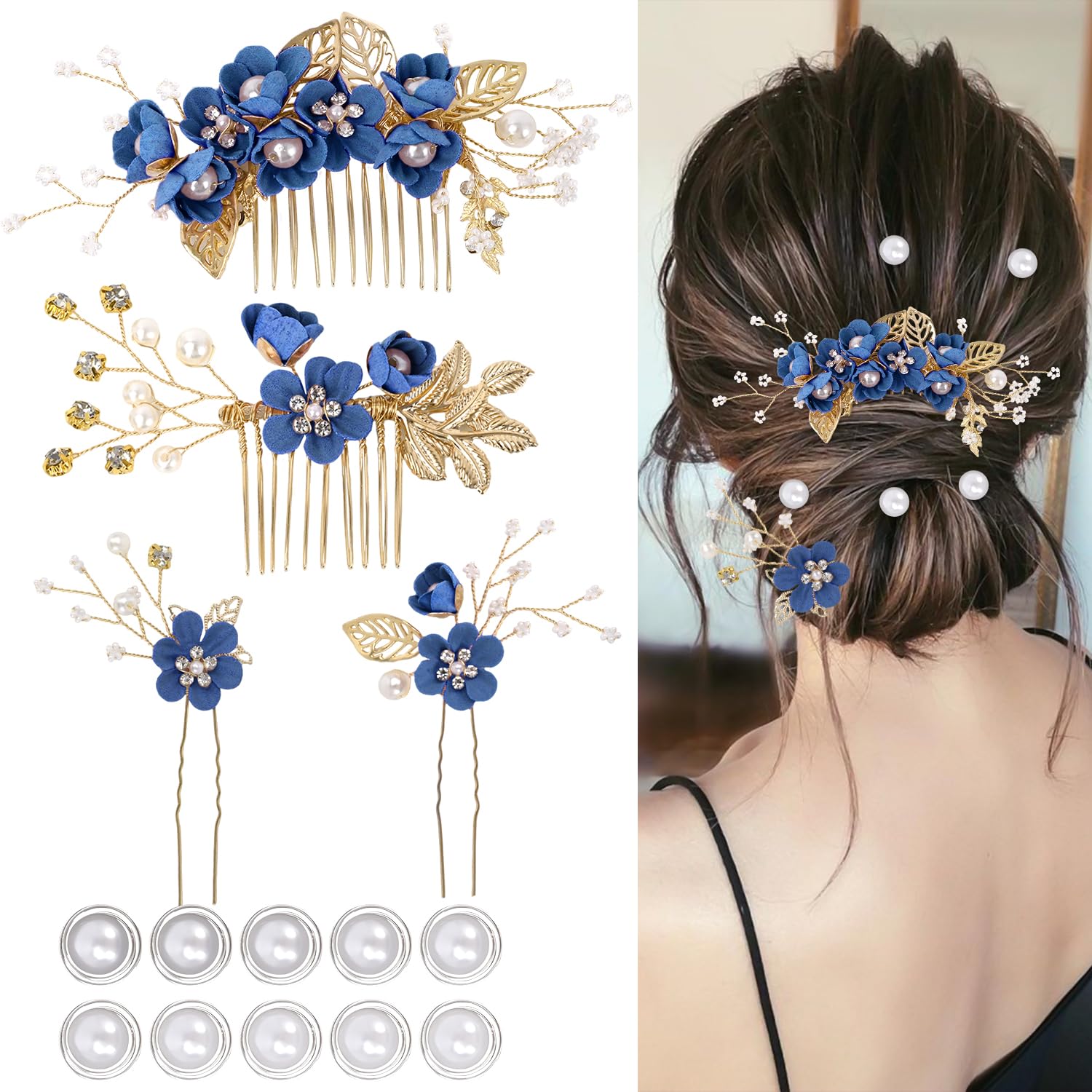 Avalaya - Set di 6 forcine per capelli con margherite in cristallo austriaco blu zaffiro, per matrimonio, ballo di fine anno, colore: argento