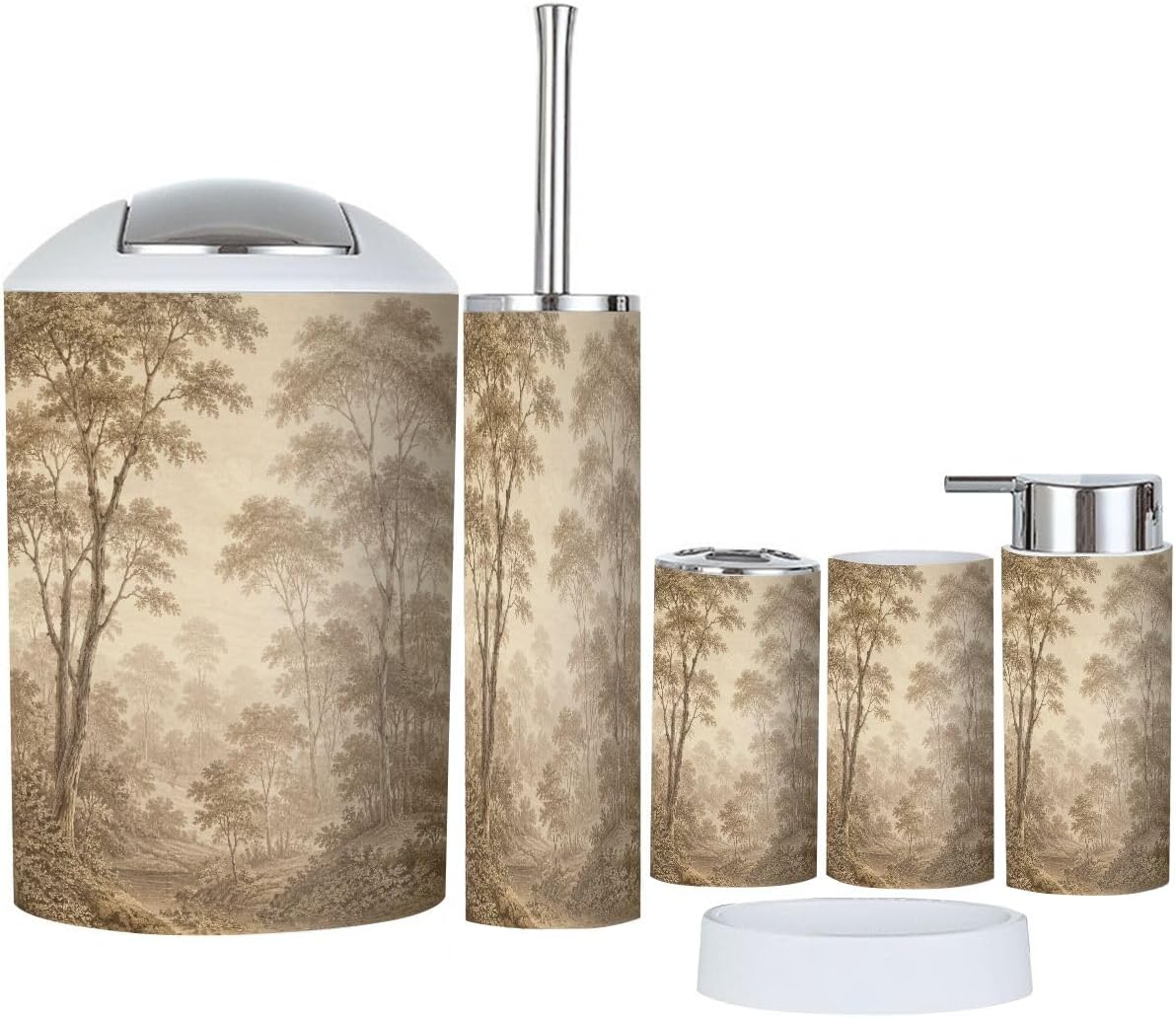 Bathroom Accessories Set 6 piece Vintage Sepia Forest Landscape Plastic shatterproof Vanity Organization countertop Decor for Home, Apartment, Dorm