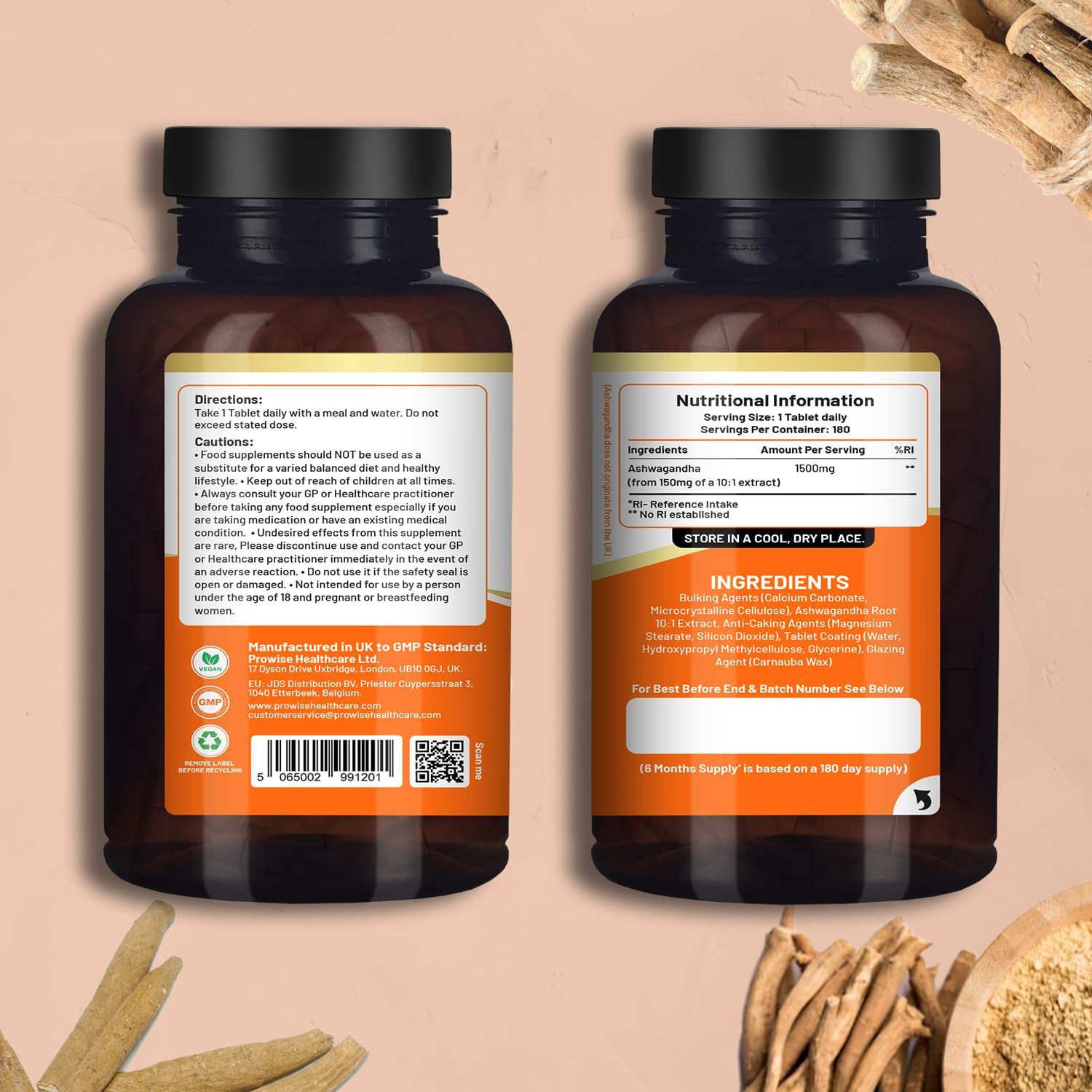 Ashwagandha 1500mg 180 Vegan Tablets | 6 Months’ Supply | Pure High Strength Ashwagandha Root Extract | Made in UK by Prowise Healthcare