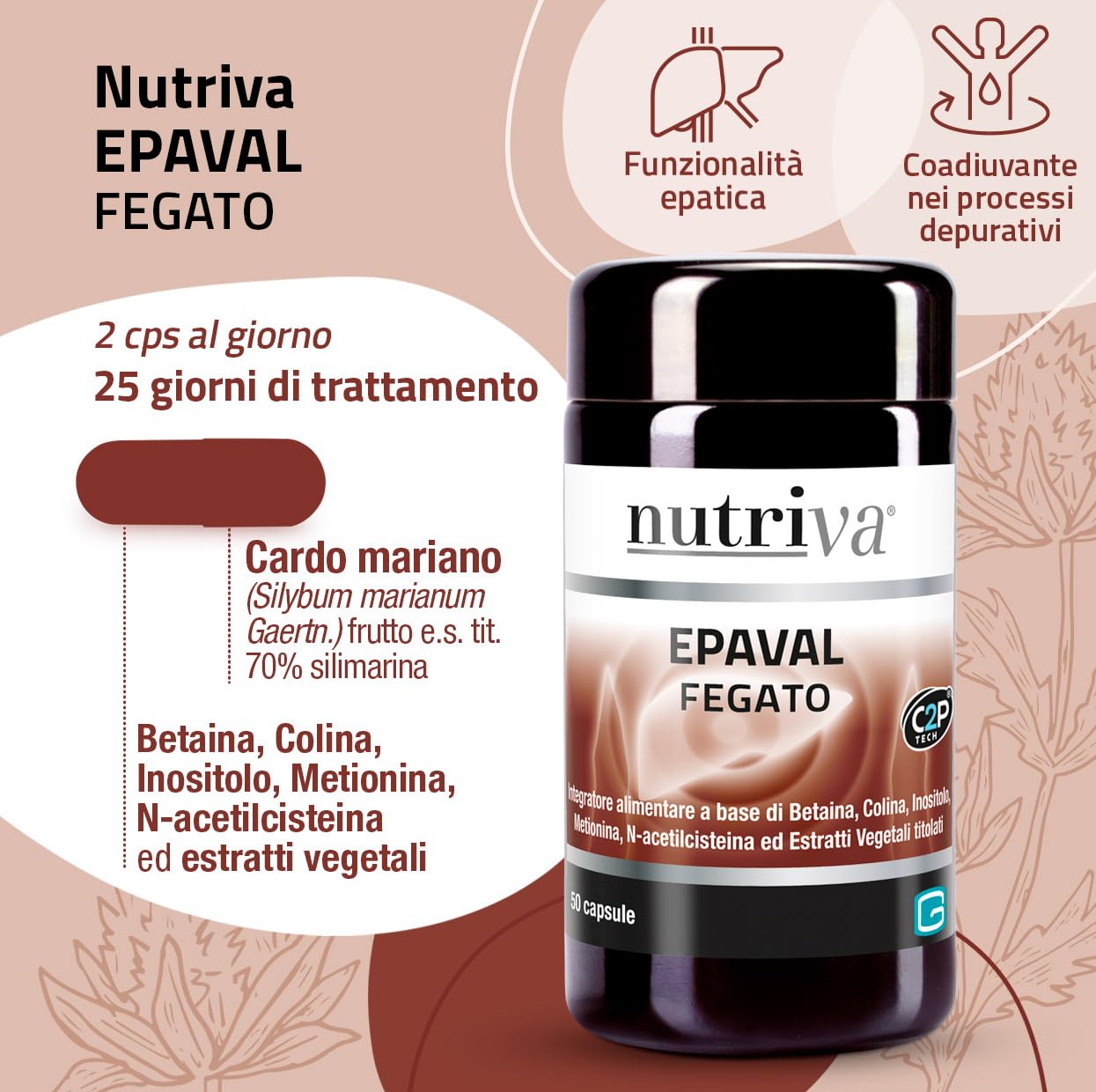 NUTRIVA Epaval, Integratore alimentare con Betaina, Colina, Inositolo, Metionina, N-acetilcisteina ed estratti vegetali. Utile al fegato e per digestione. 50 capsule