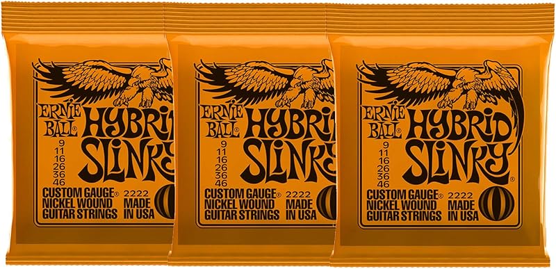 Ernie Ball 2222x3 Hybrid Slinky Nickel Wound Sets.009 - .046, Paquete de 3 Sets, Naranja