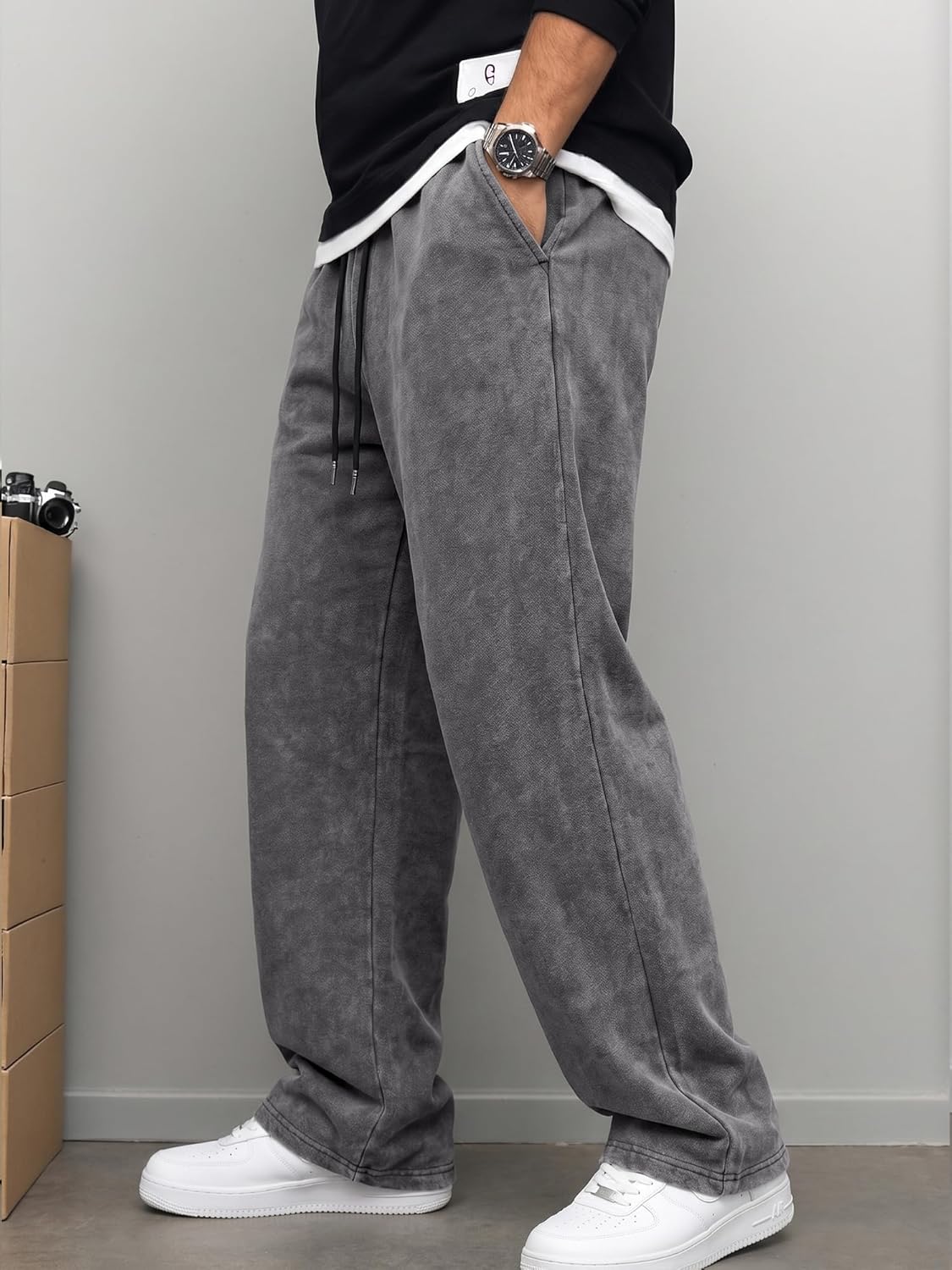 JMIERR Men's Baggy Sweatpants Wide Leg Acid Washed Cotton Casual Pants