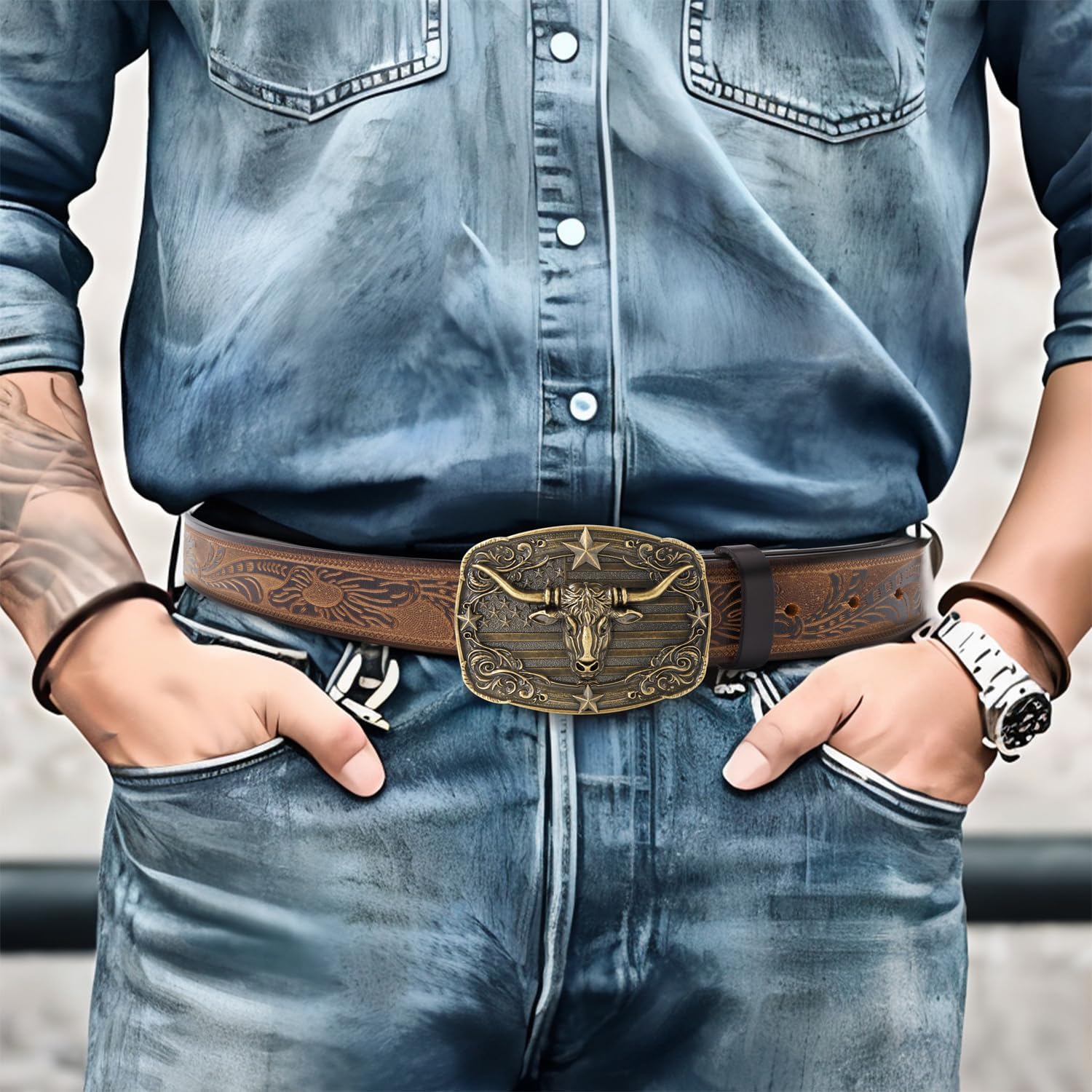 Evbopa Men's Western Leather Belts Cowboy Belt for Men with Engraved Buckle