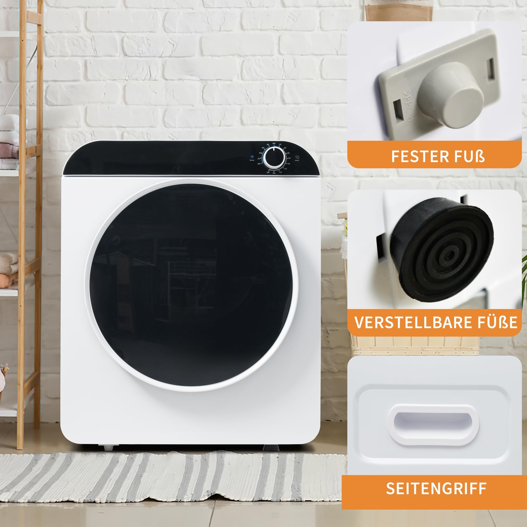 Abgastrockner Wäschetrockner 3kg (4,5kg), 830W, 4 Programme, Kühlphase, Kunststoff Türabdeckung, Überhitzungsschutz, Wandmontierbar, Energieklasse G, Weiß