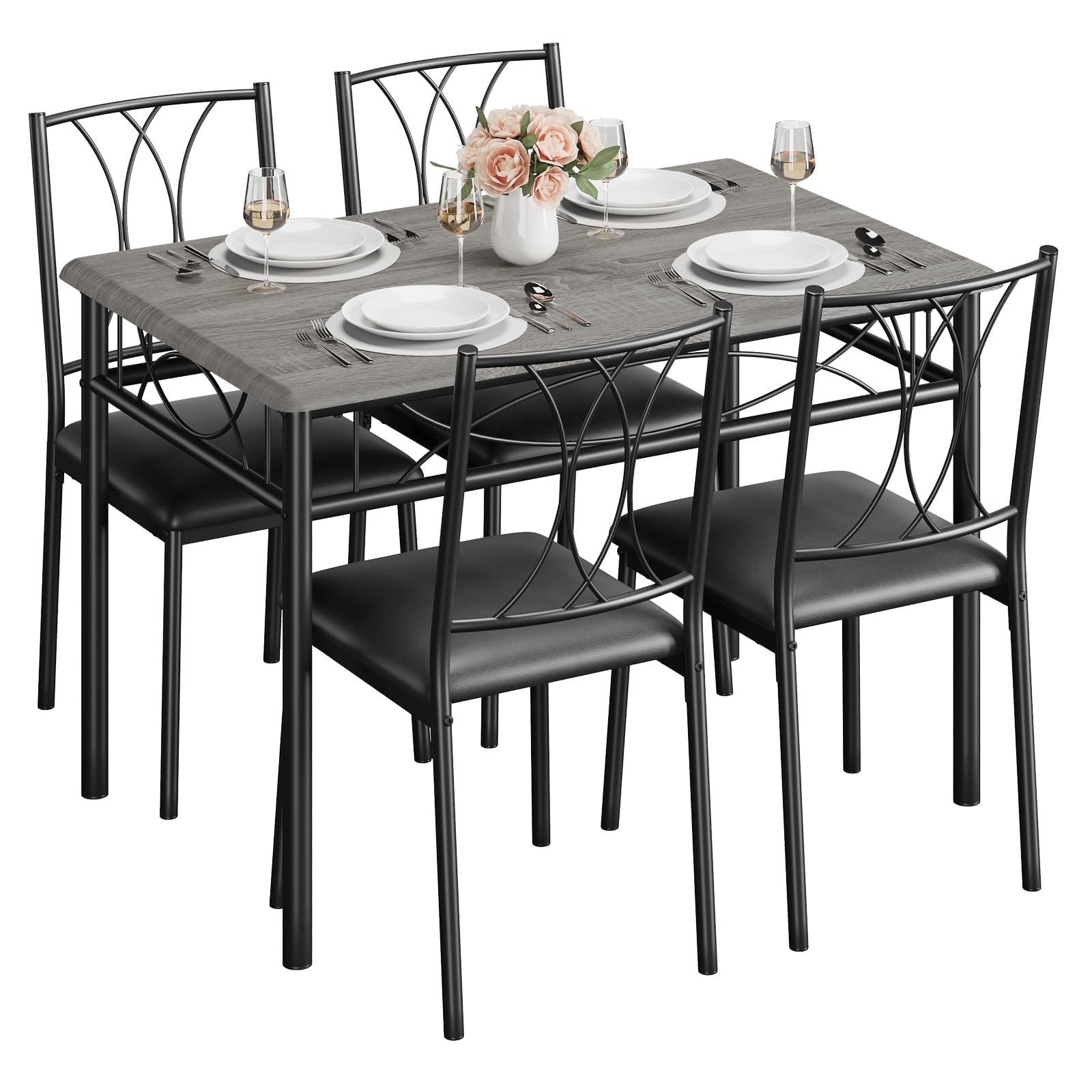5-Piece Dining Table and Chairs Set for Small Spaces, Rectangular Kitchen Table with 4 Padded Chairs, Sturdy Metal Frame and Wood Tabletop, Easy Assembly for Apartments Breakfast Nook Dining Room