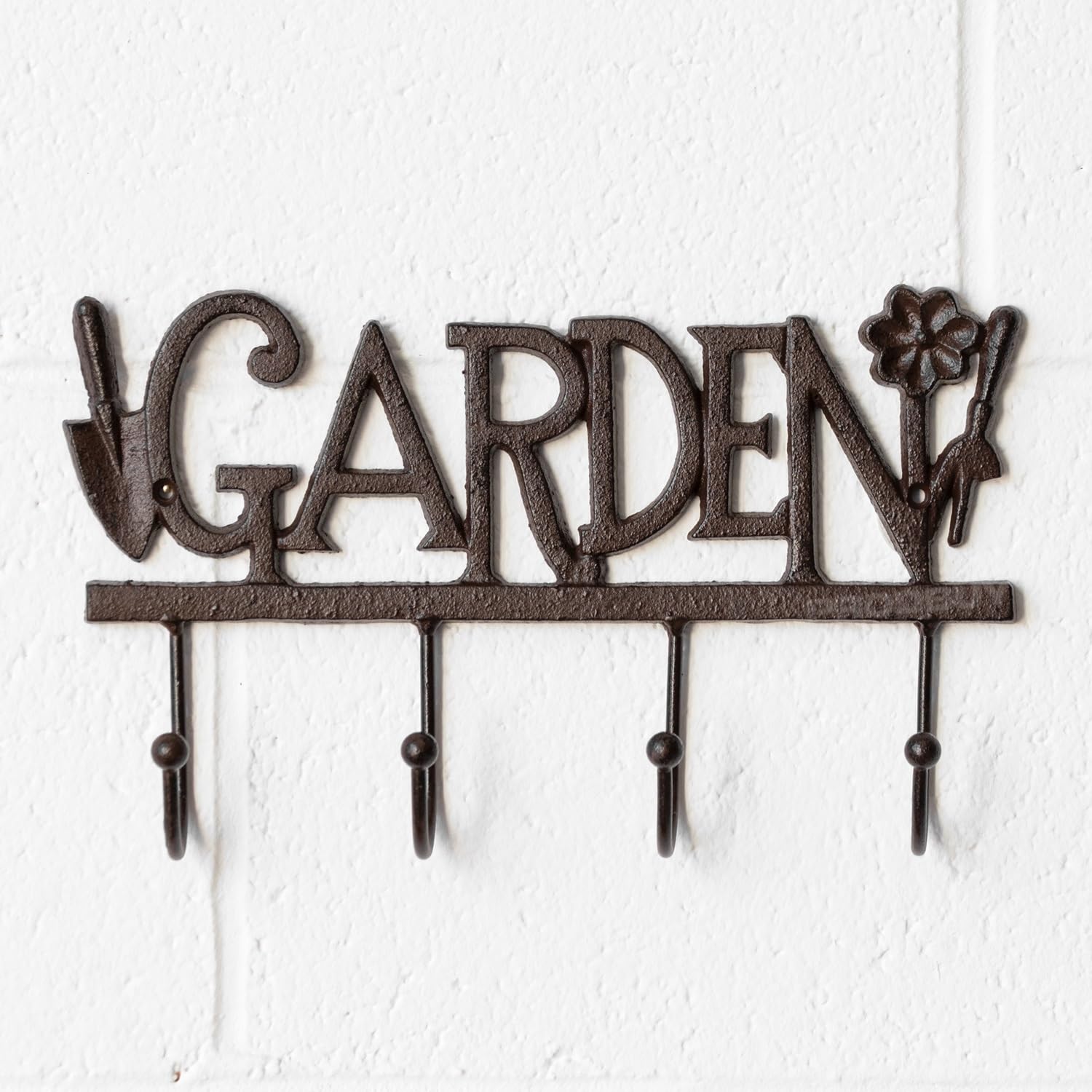 Darthome Brown Rustic Cast Iron Garden 4 Coat Hook Hanger Indoor Outdoor Key Scarf Storage Rack