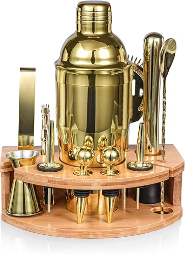 Kit de camarero con elegante soporte de bambú, juego de coctelera de 12 piezas de 25 onzas para bebidas mixtas, juego de herramientas profesionales