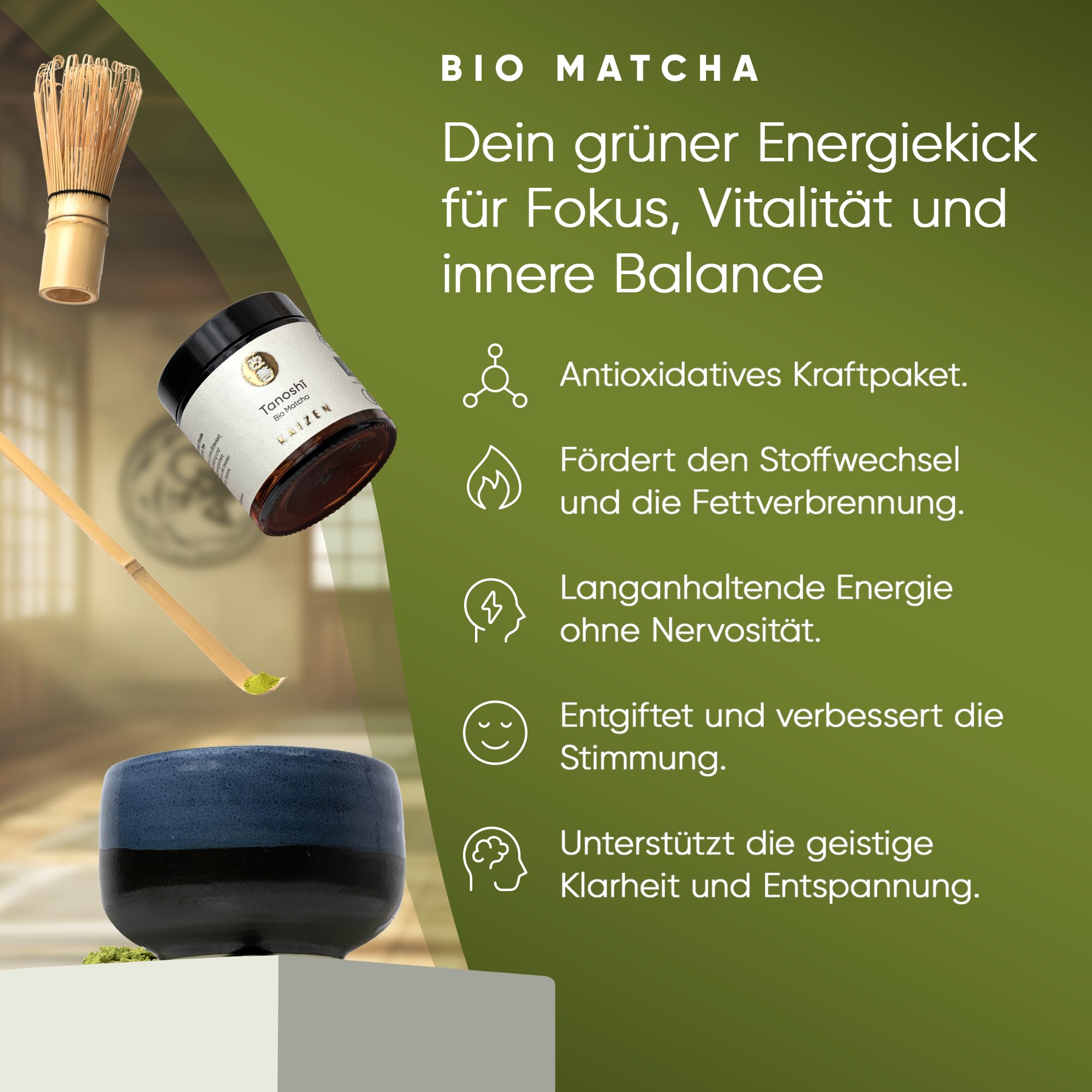 Kaizen - Bio Matcha-Tee "Tanoshī" - Tezumi Contest Grade - 35 Tage Tana-Beschattung - Direktimport aus der Präfektur Kagoshima/Japan - 30g Dose mit UV & Sauerstoffschutz