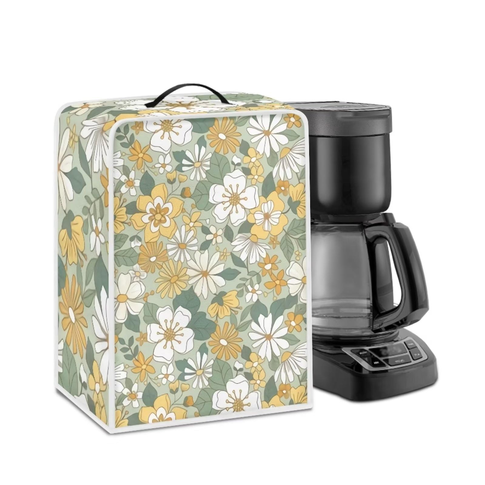 NETILGEN Coffee Maker Dustproof Cover Protective Cover Stain Resistant Dustproof Kitchen Small Appliance Cover with Top Handle for Home Indoor Decor, Yellow Green Flower