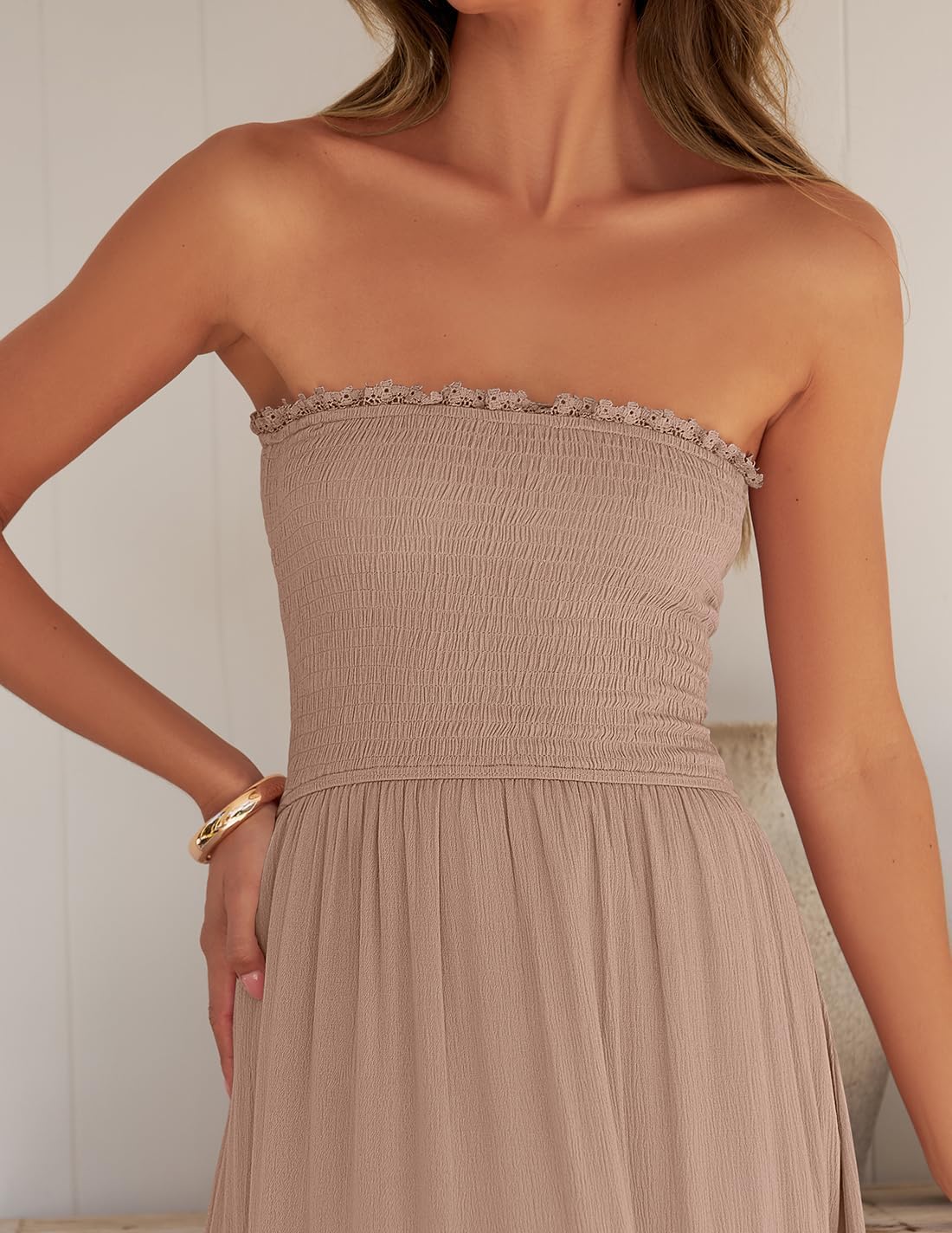 ZESICA Women's 2026 Summer Bohemian Strapless Off Shoulder Lace Trim Backless Flowy A Line Beach Long Maxi Dress - Image 4