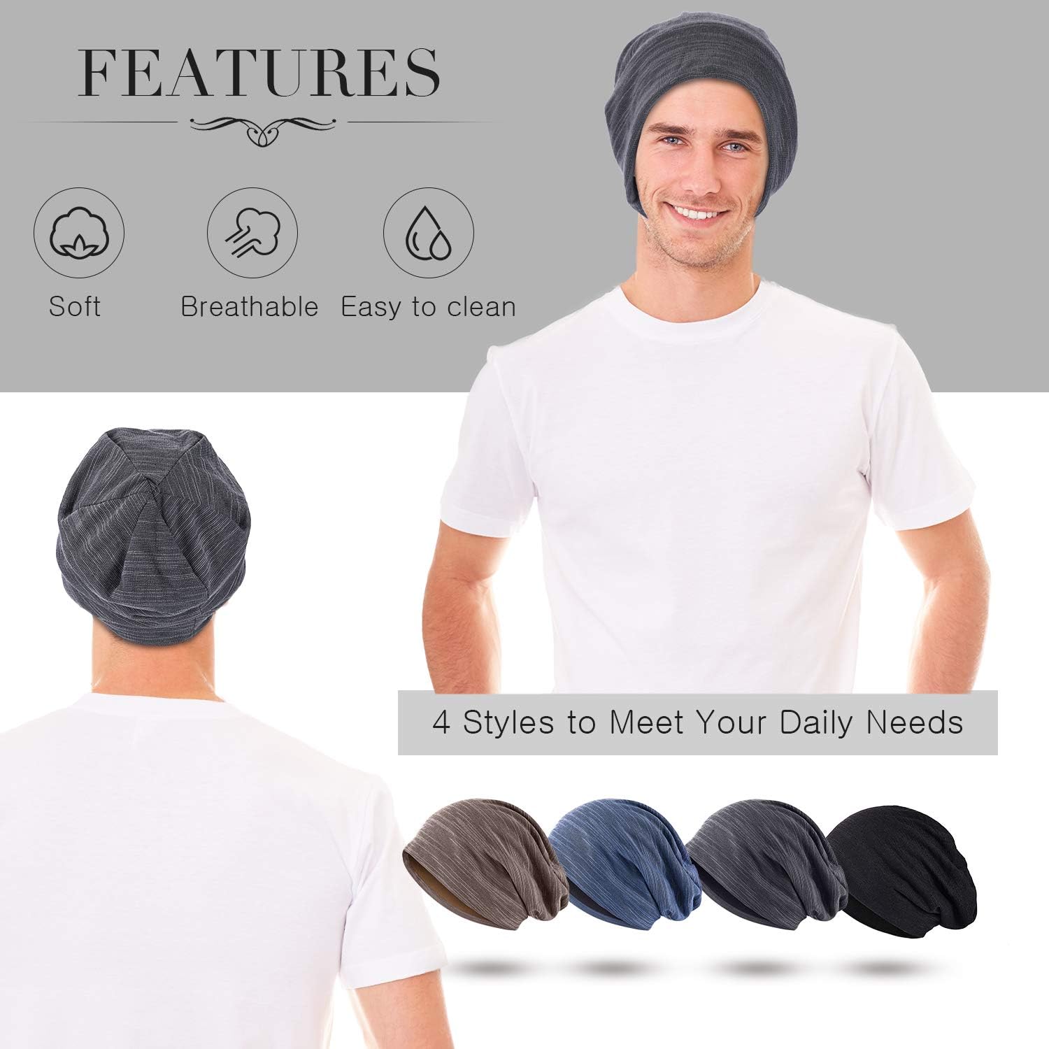 4 Pieces Slouchy Beanie Hat Sleeping Cap Baggy Skull Knit Sleeping Hat Headwear Head Wrap Cap for Men Women - Image 5