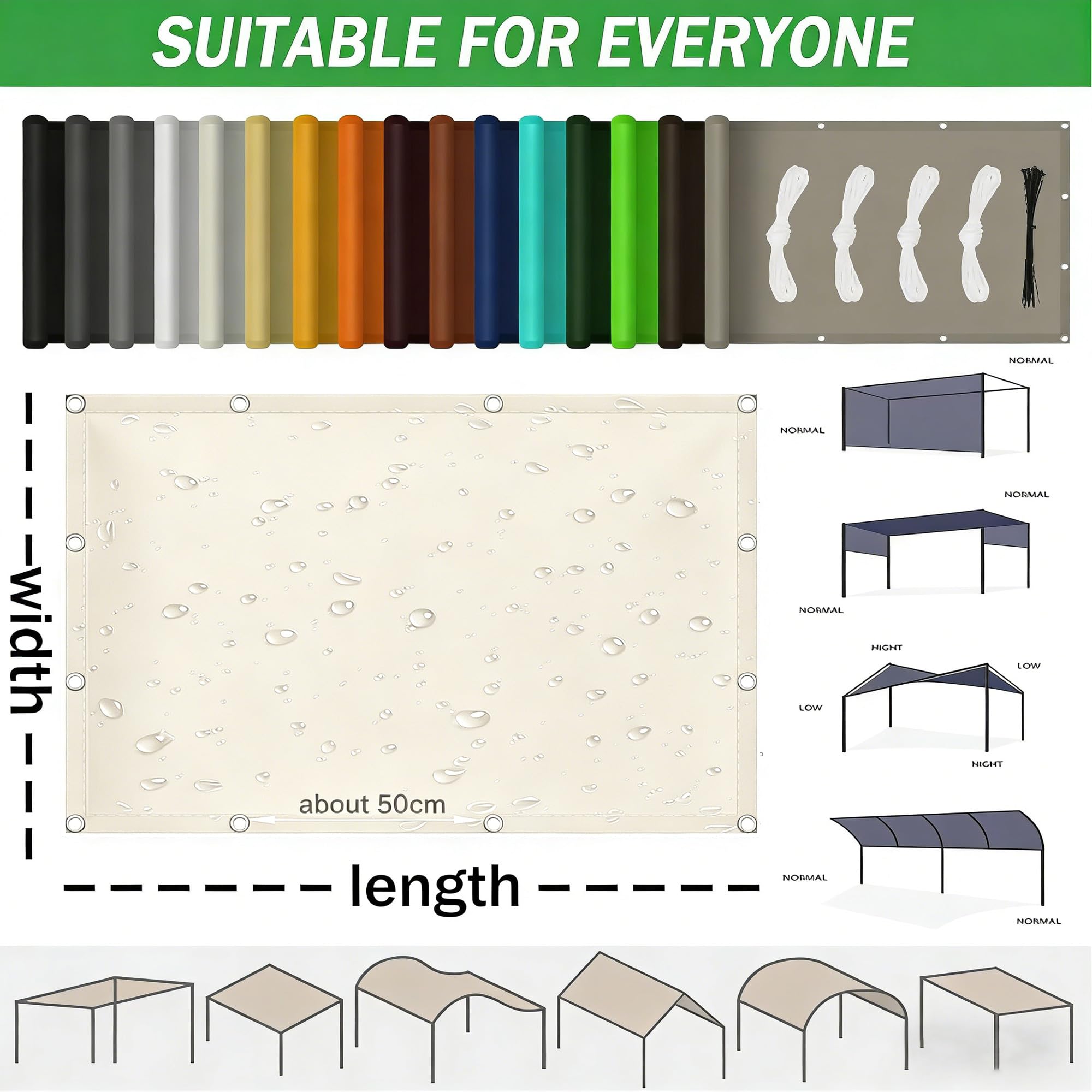 Prostokątny żagiel przeciwsłoneczny 1,2 x 4,8 m, wodoodporny żagiel przeciwsłoneczny, 480 x 120 cm, ochrona przed promieniowaniem UV, żagiel do ogrodu, na balkon, taras do łez