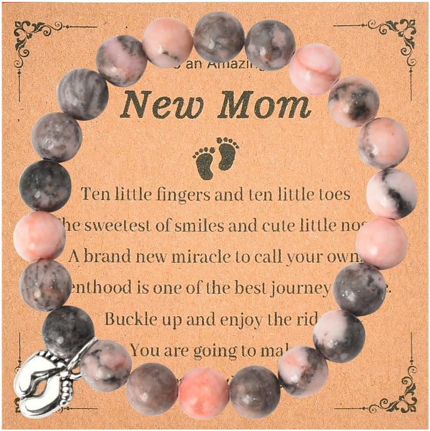 Xiyantiji New Mom Gift Nature Stone Bracelets for Women Daughters Daughter in Law Pregnancy Gifts for First Time Mom Mommy to Be Birthday Christmas Gifts for Expecting Mother Mama Footprint Bracelets