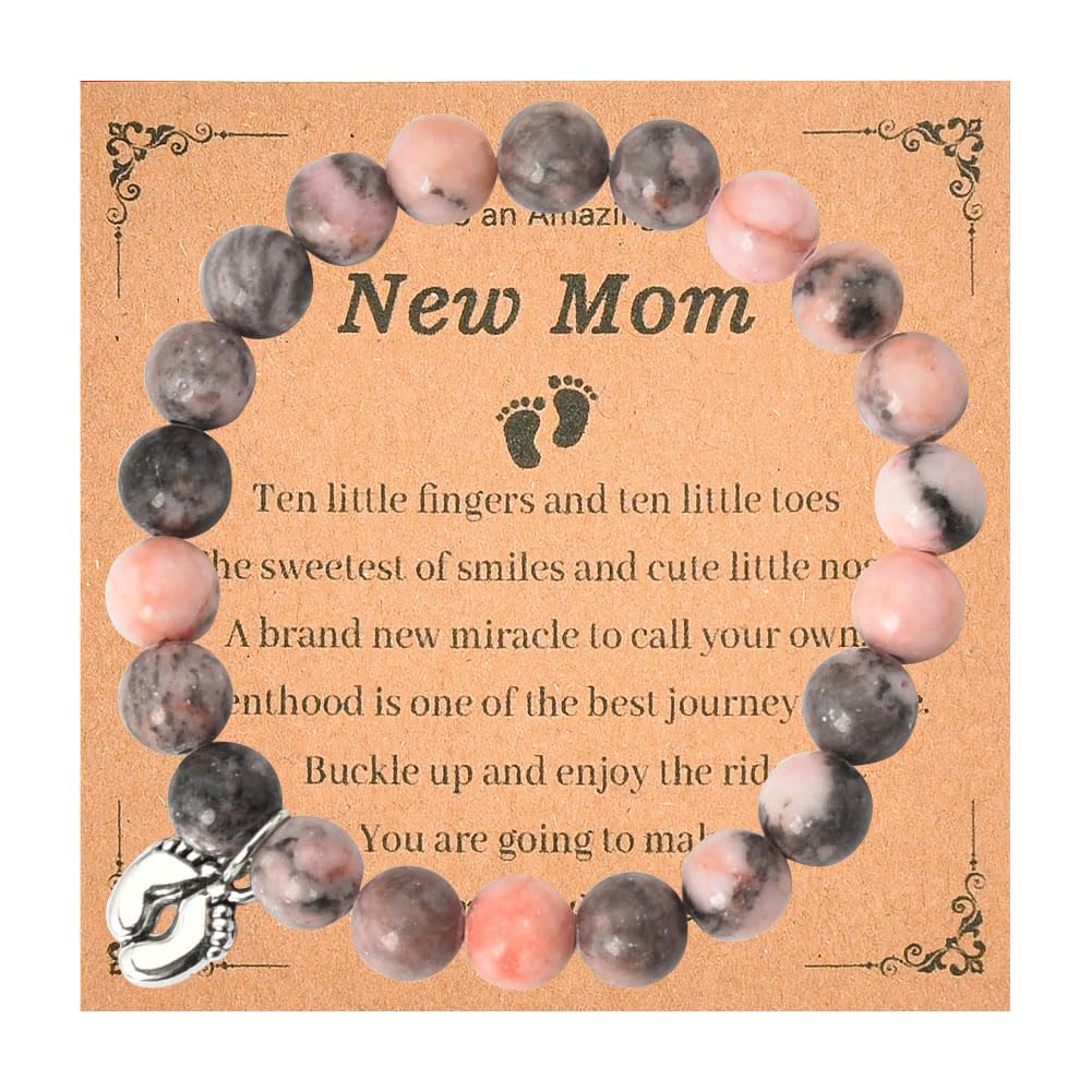 Xiyantiji New Mom Gift Nature Stone Bracelets for Women Daughters Daughter in Law Pregnancy Gifts for First Time Mom Mommy to Be Birthday Christmas Gifts for Expecting Mother Mama Footprint Bracelets