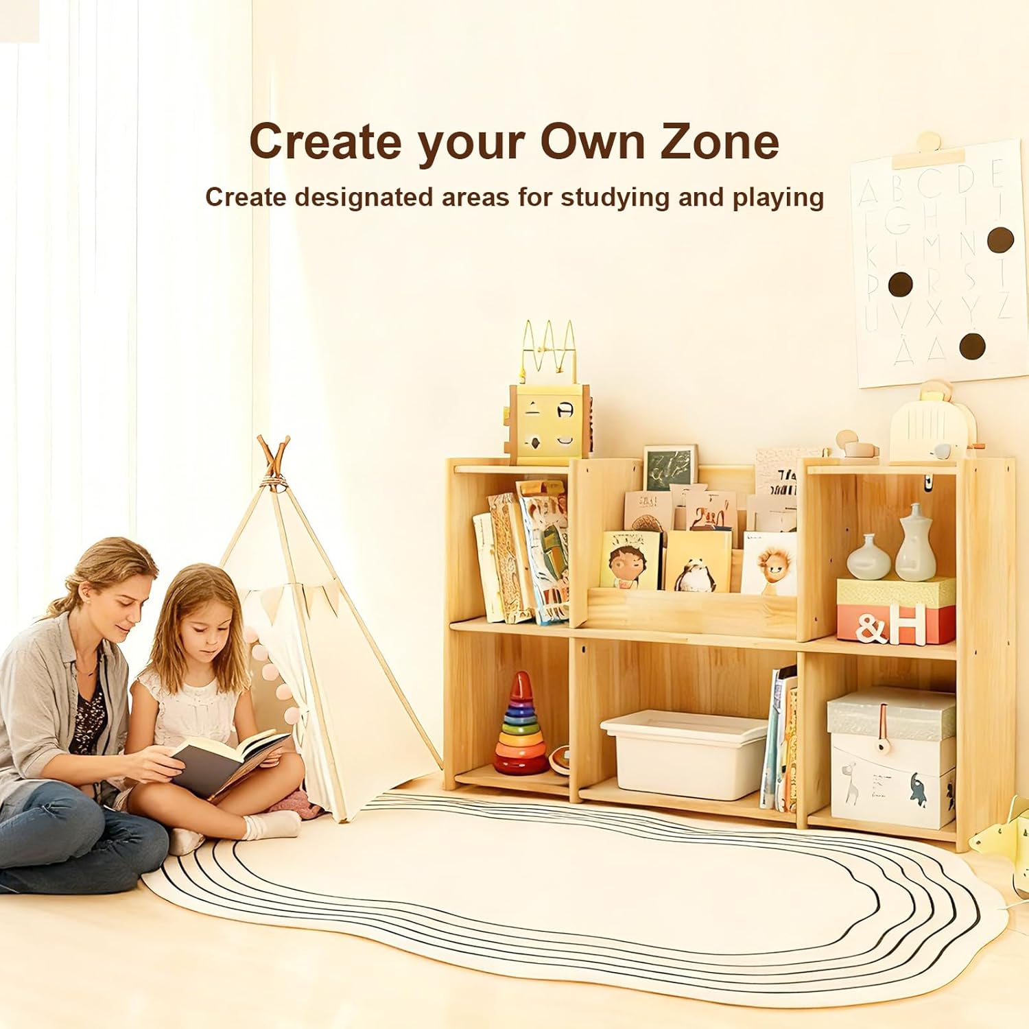 Kids Bookshelf, Wooden Montessori Bookshelf, 2-Tier Toy Storage Organizer, Suitable for Children's Classrooms, Family Playrooms, and Kindergartens