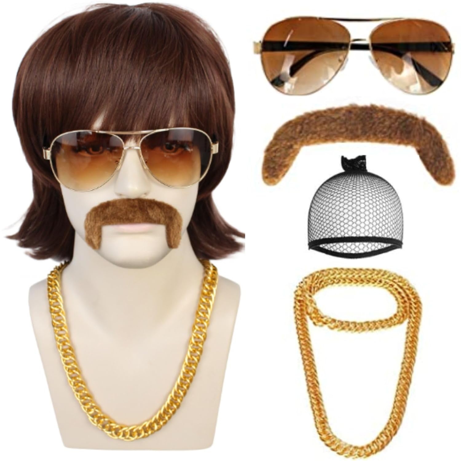 Anogol Wig Cap+5pcs Set Disco Wig Dark Brown 70S Wigs for