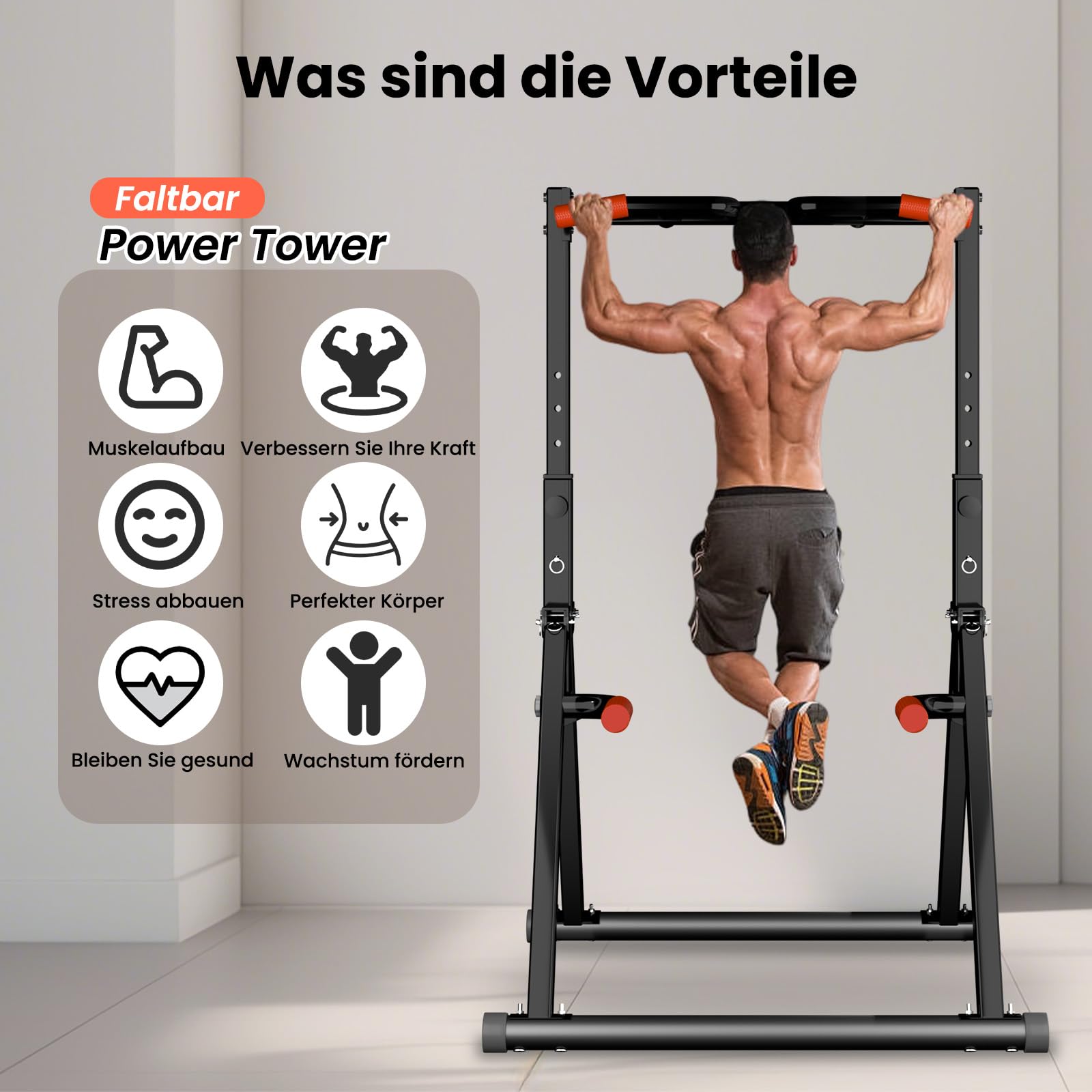 WATBKHE Klimmzugstange Freistehend Power Tower Dip Station Faltbar, Pull Up Bar Verstellbar, Multifunktions Home Gym Trainingsgerät, Krafttraining Fitnessgeräte