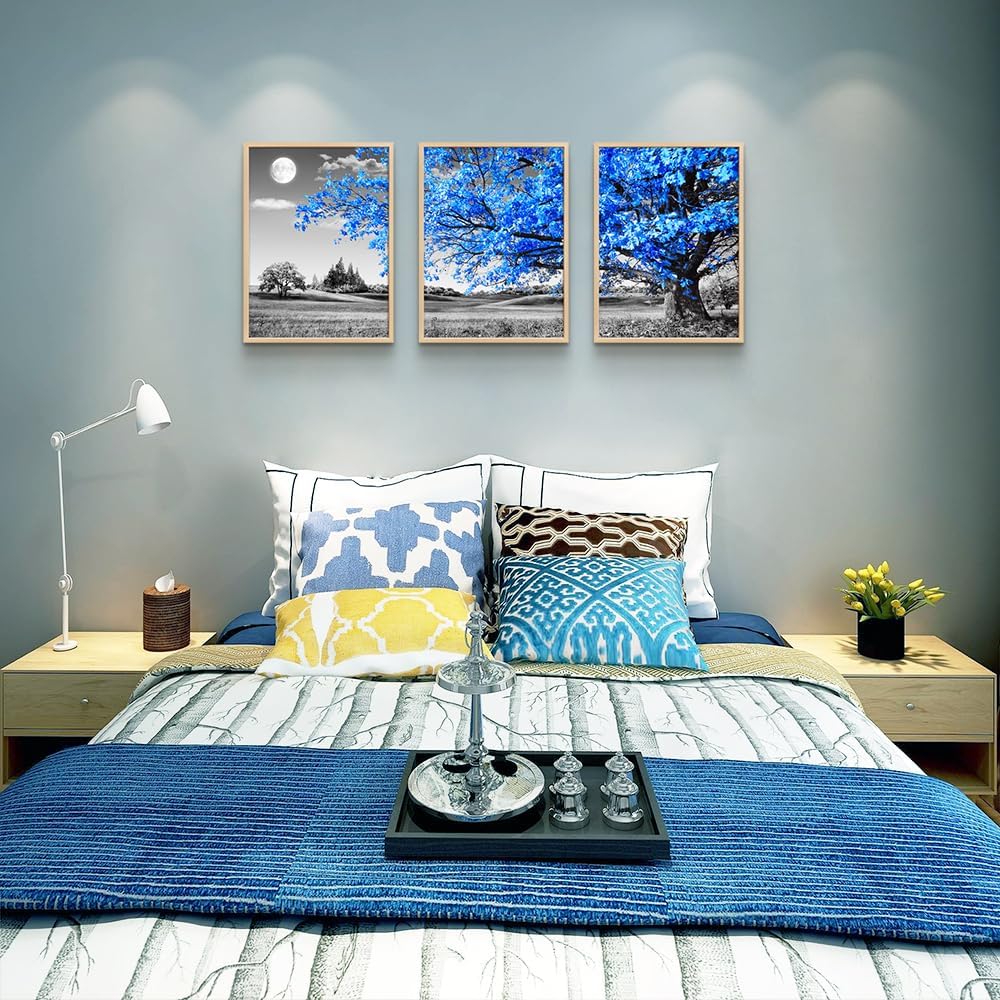 Blue Trees and Moon Landscape Canvas Print Set
