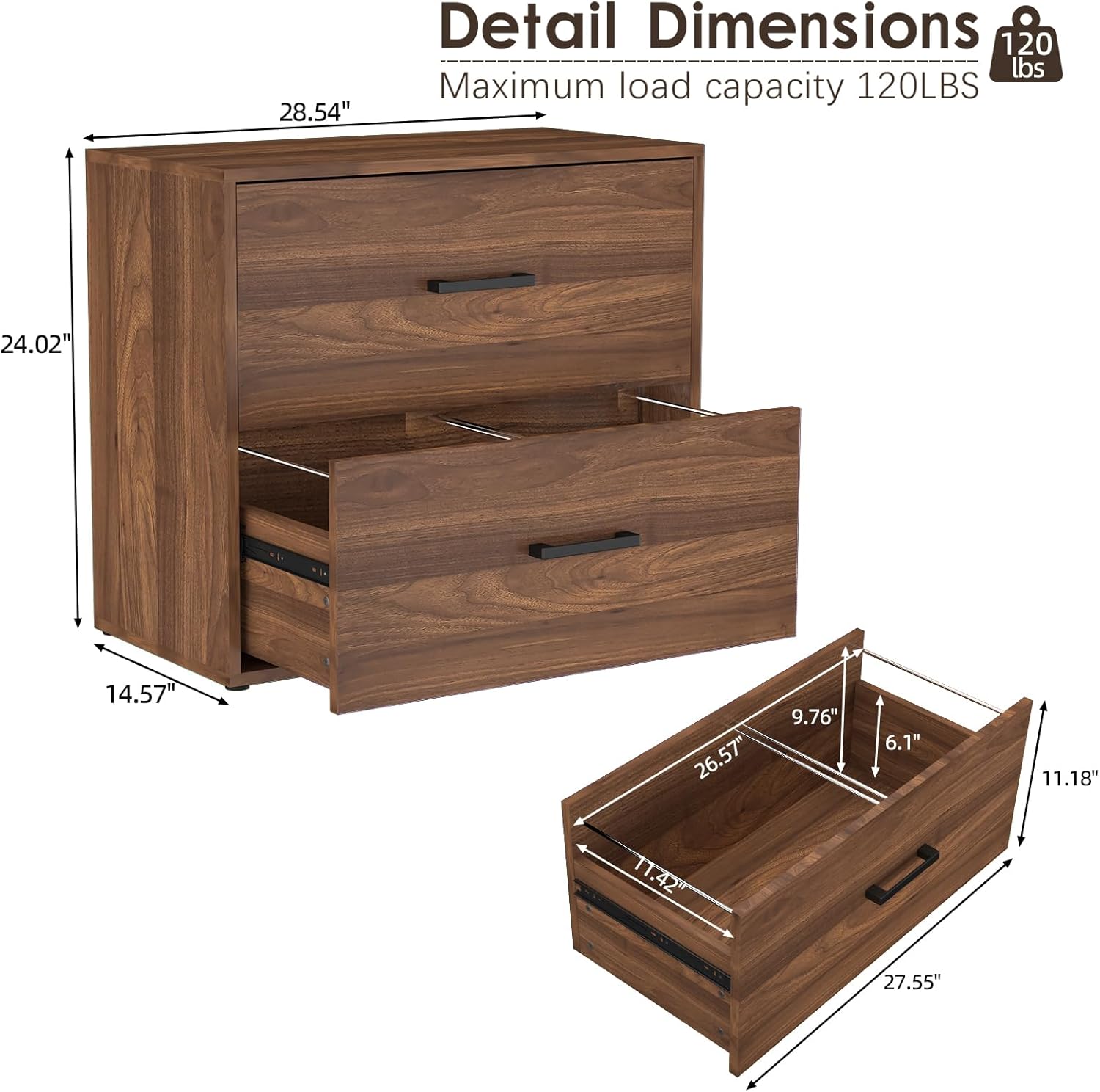 2 Drawer File Cabinet, Wood Lateral Filing Cabinets, Wide Office File Cabinet with Drawer for Hanging Files/Letter Size Printer Stand for Home Office School, Assembly Required, Walnut
