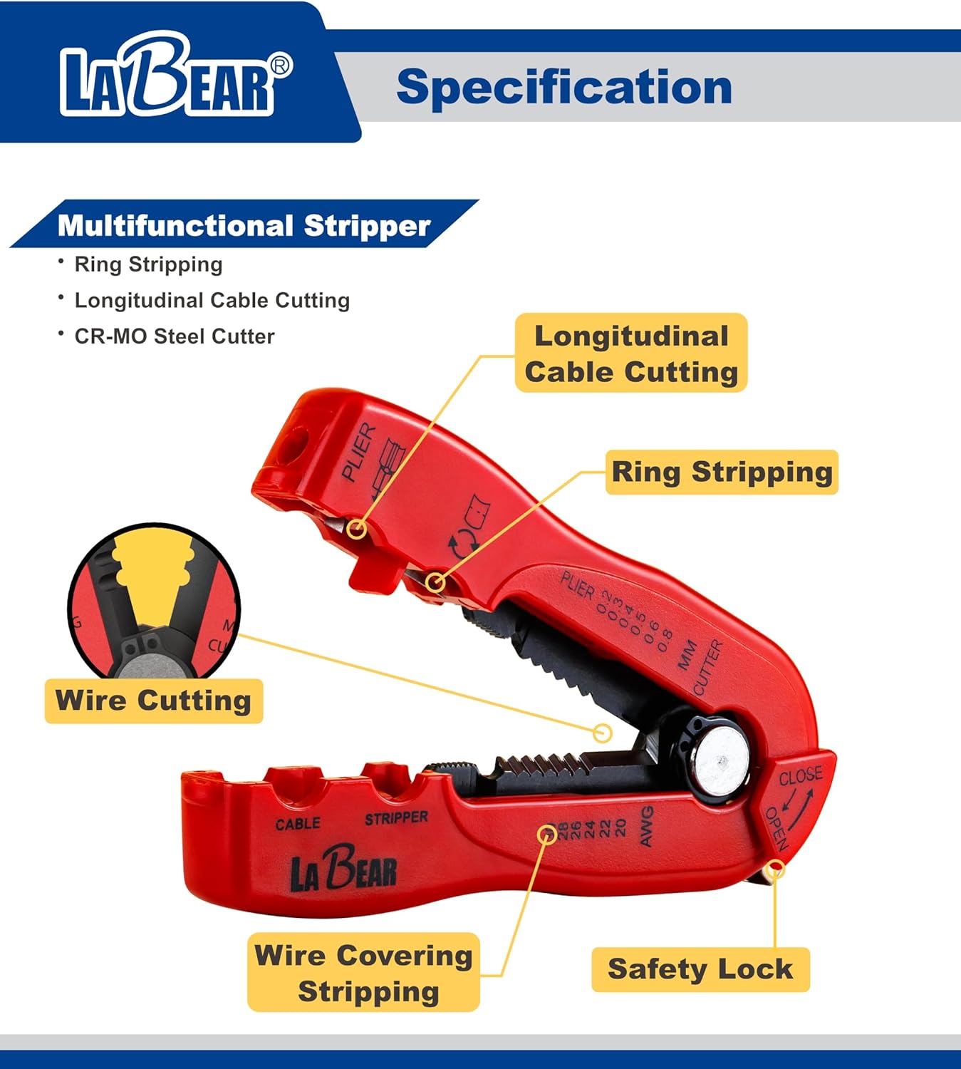 LABEAR Wire Crimper Tool for 10–20 AWG (0.8–2.6mm²) – Wire Stripping & Cutting Tool with Double Blades and Adjustable Blade Depth